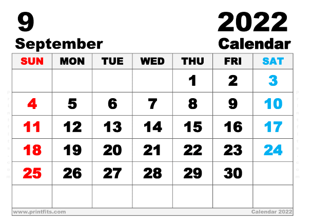 Free Printable September 2022 Calendar A4 Wide