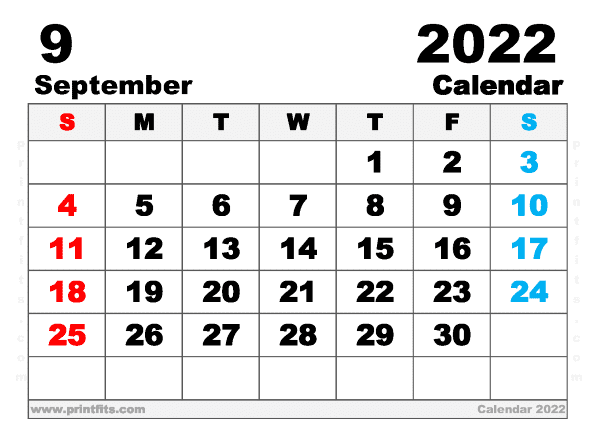 Free Printable September 2022 Calendar A5 Wide
