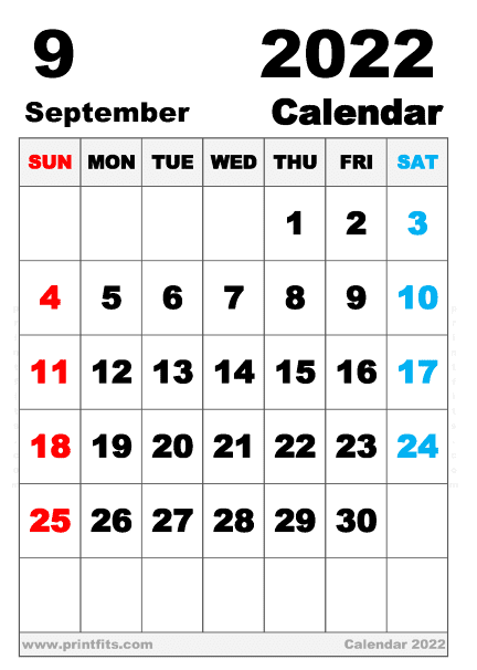 Free Printable September 2022 Calendar B5