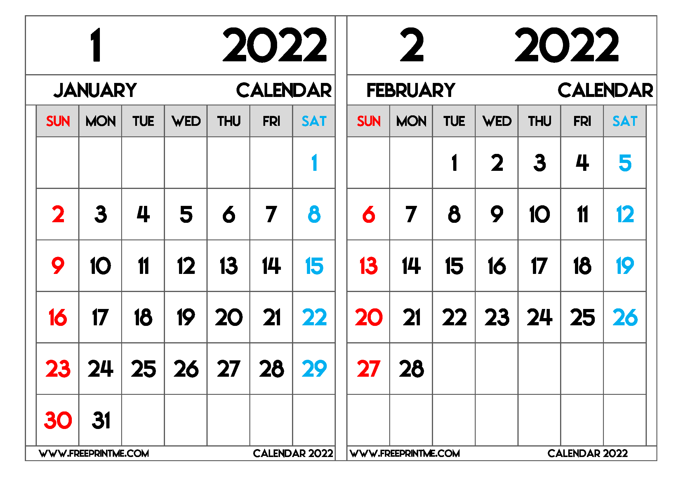 Free Printable 2 Month 2022 Calendar
