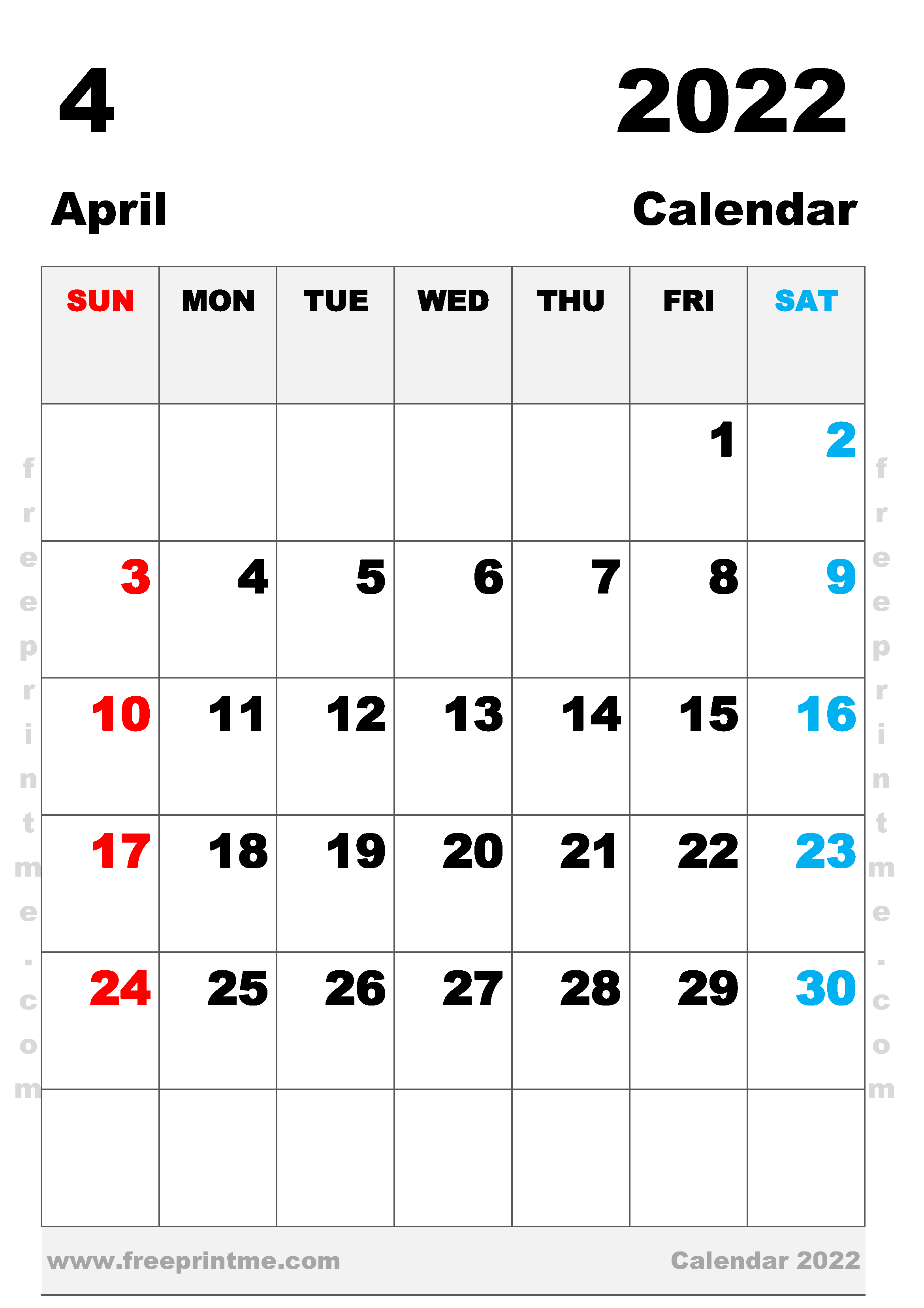 Free Printable April 2022 Calendar A3