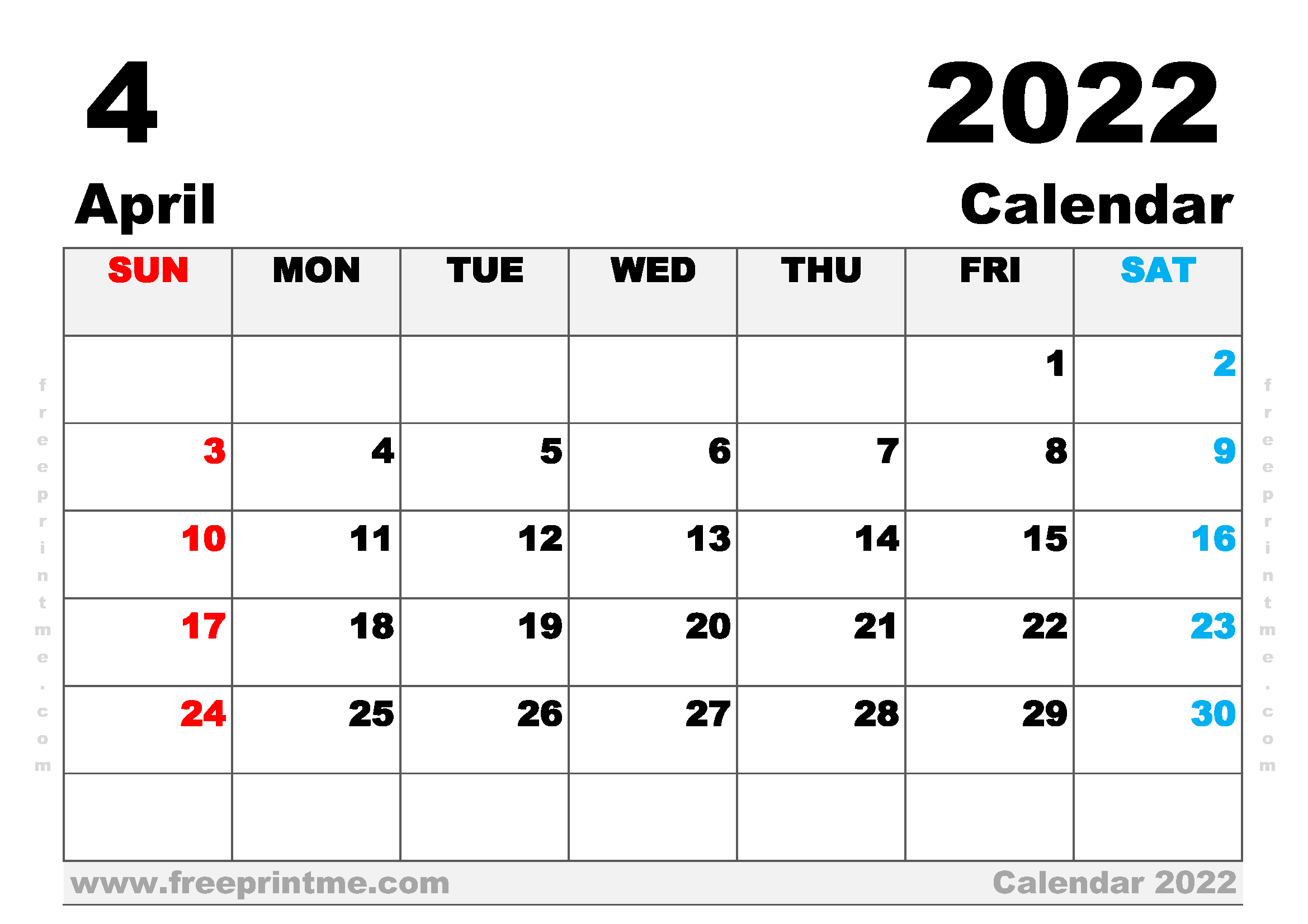 Free Printable April 2022 Calendar A4 Wide