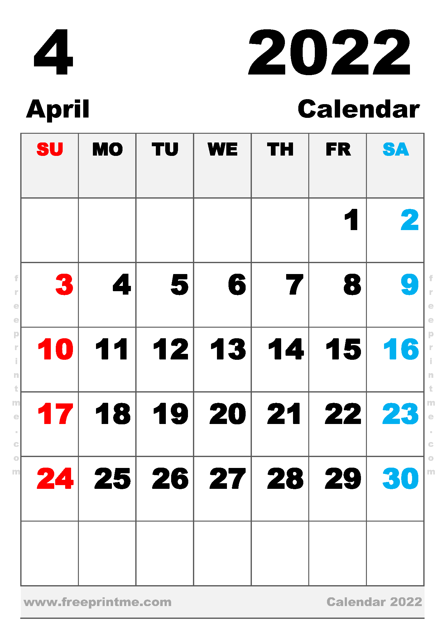 Free Printable April 2022 Calendar B5