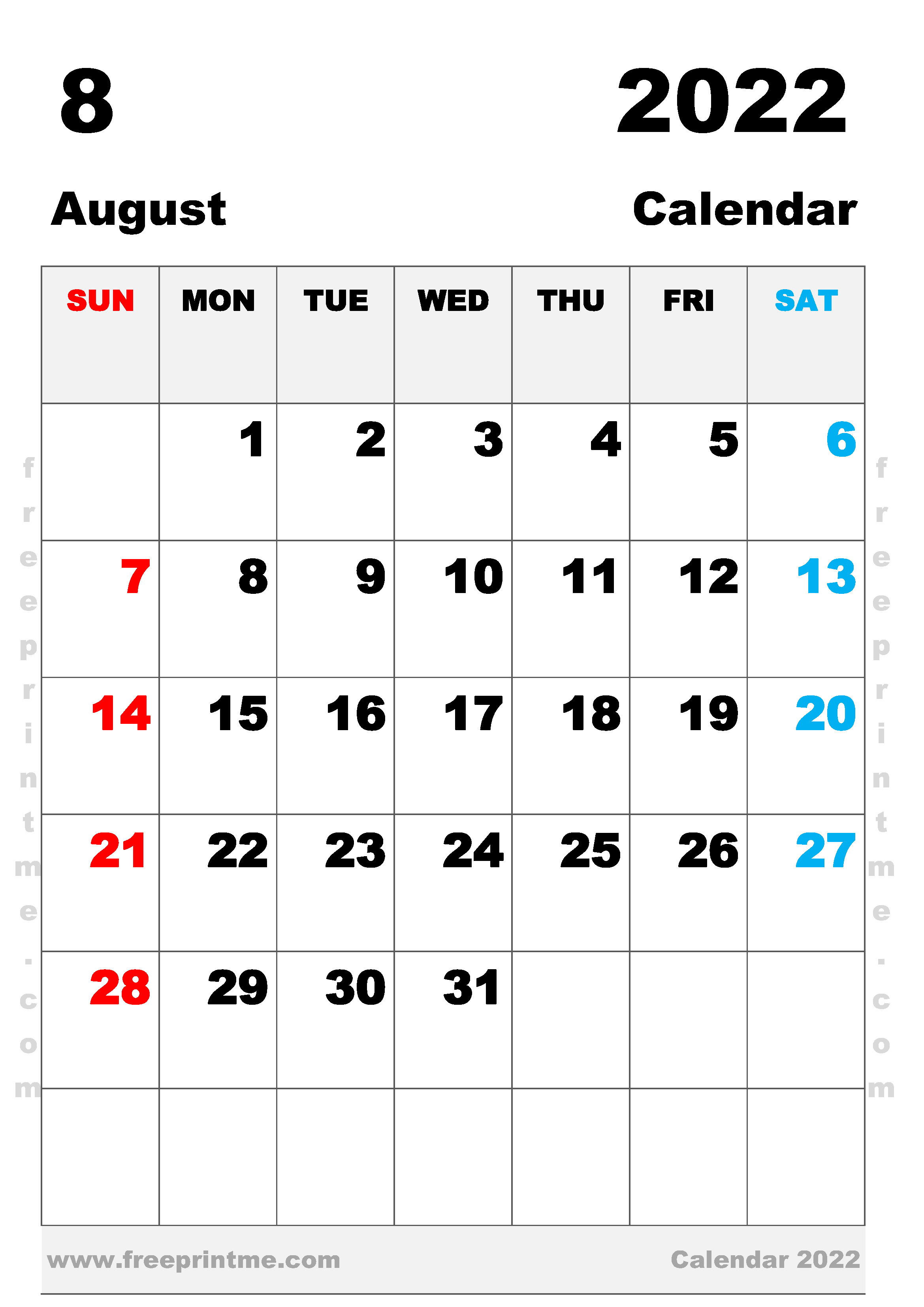 Free Printable August 2022 Calendar A3