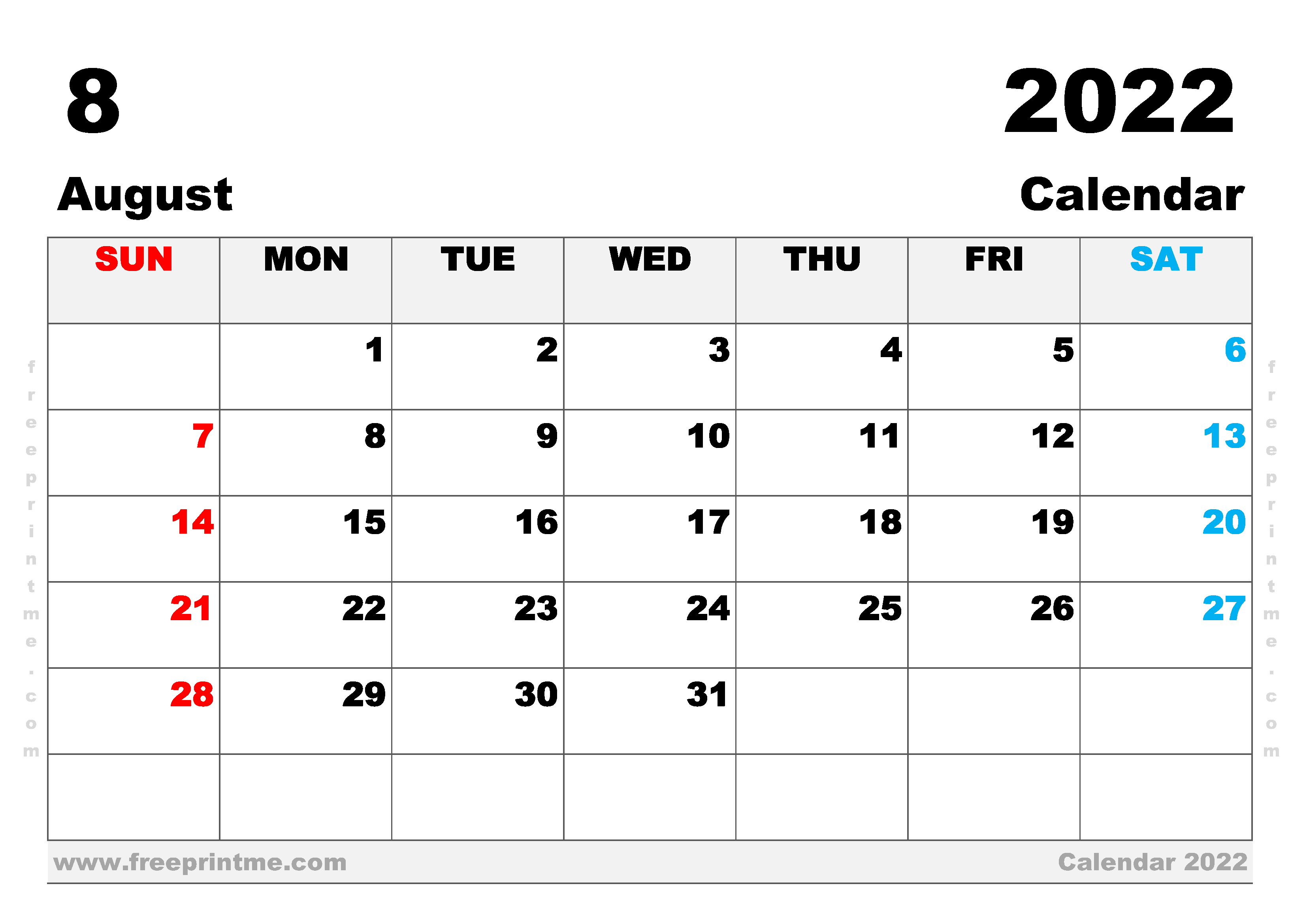 Free Printable August 2022 Calendar A3 Wide