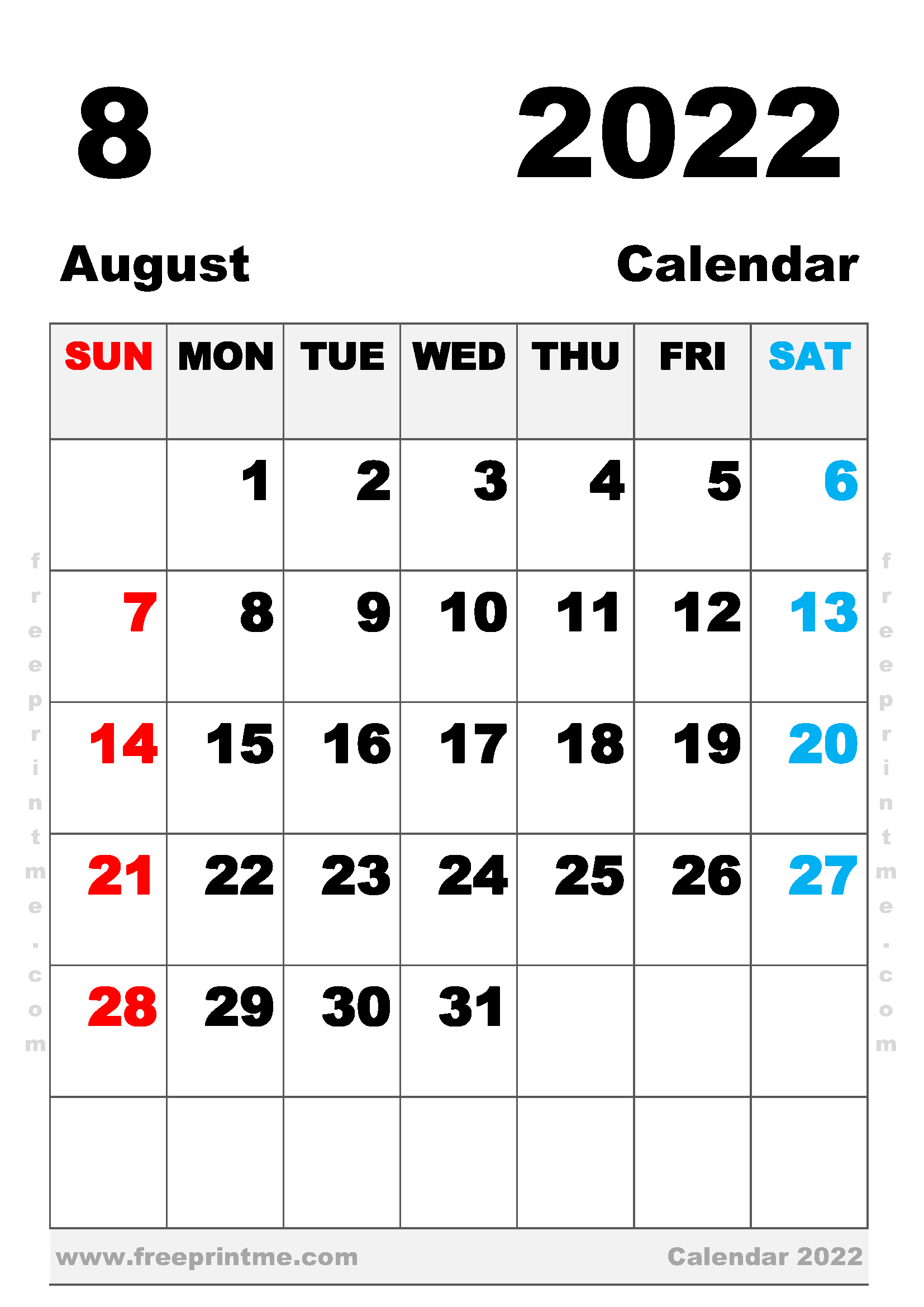 Free Printable August 2022 Calendar A4