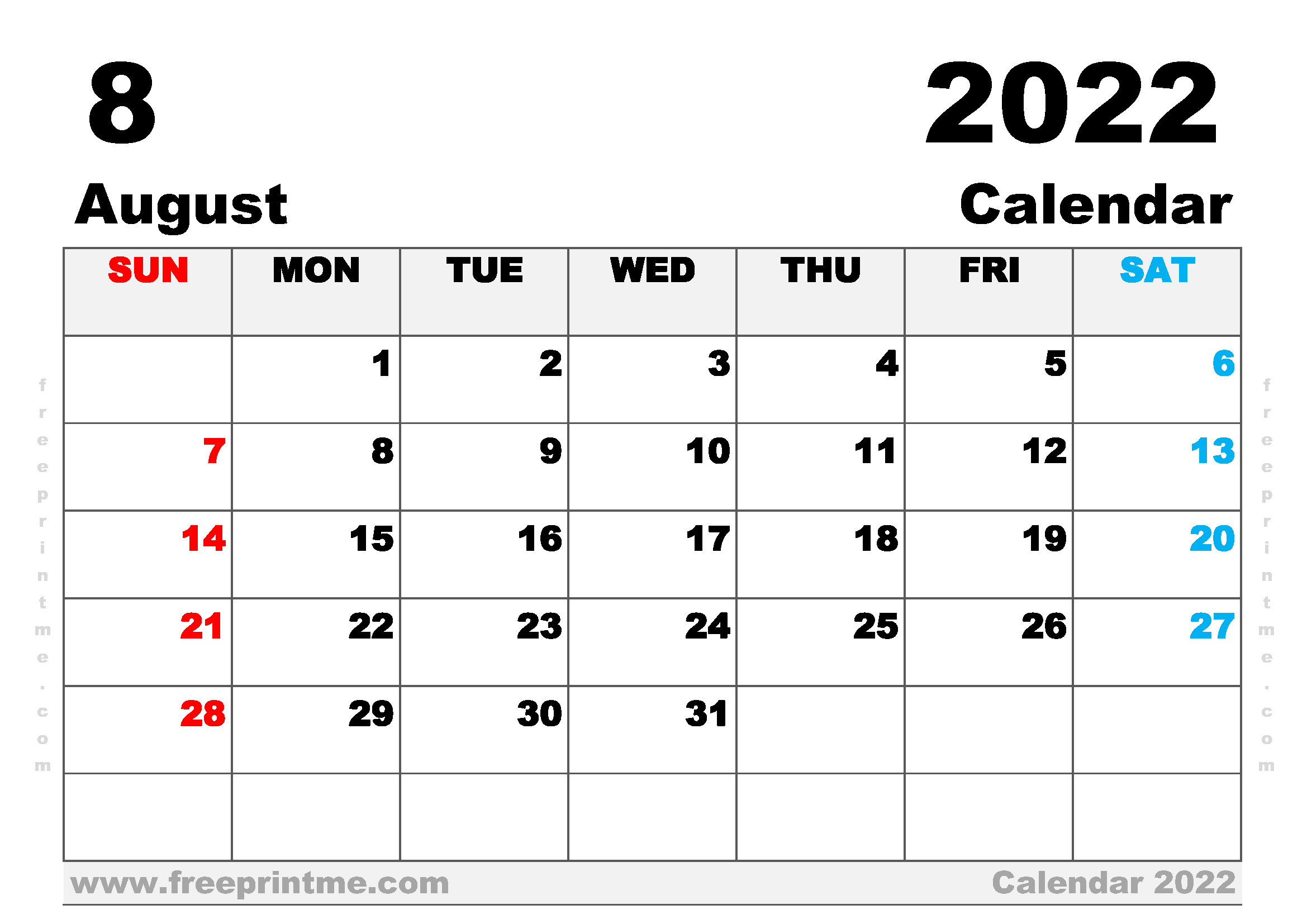 Free Printable August 2022 Calendar A4 Wide