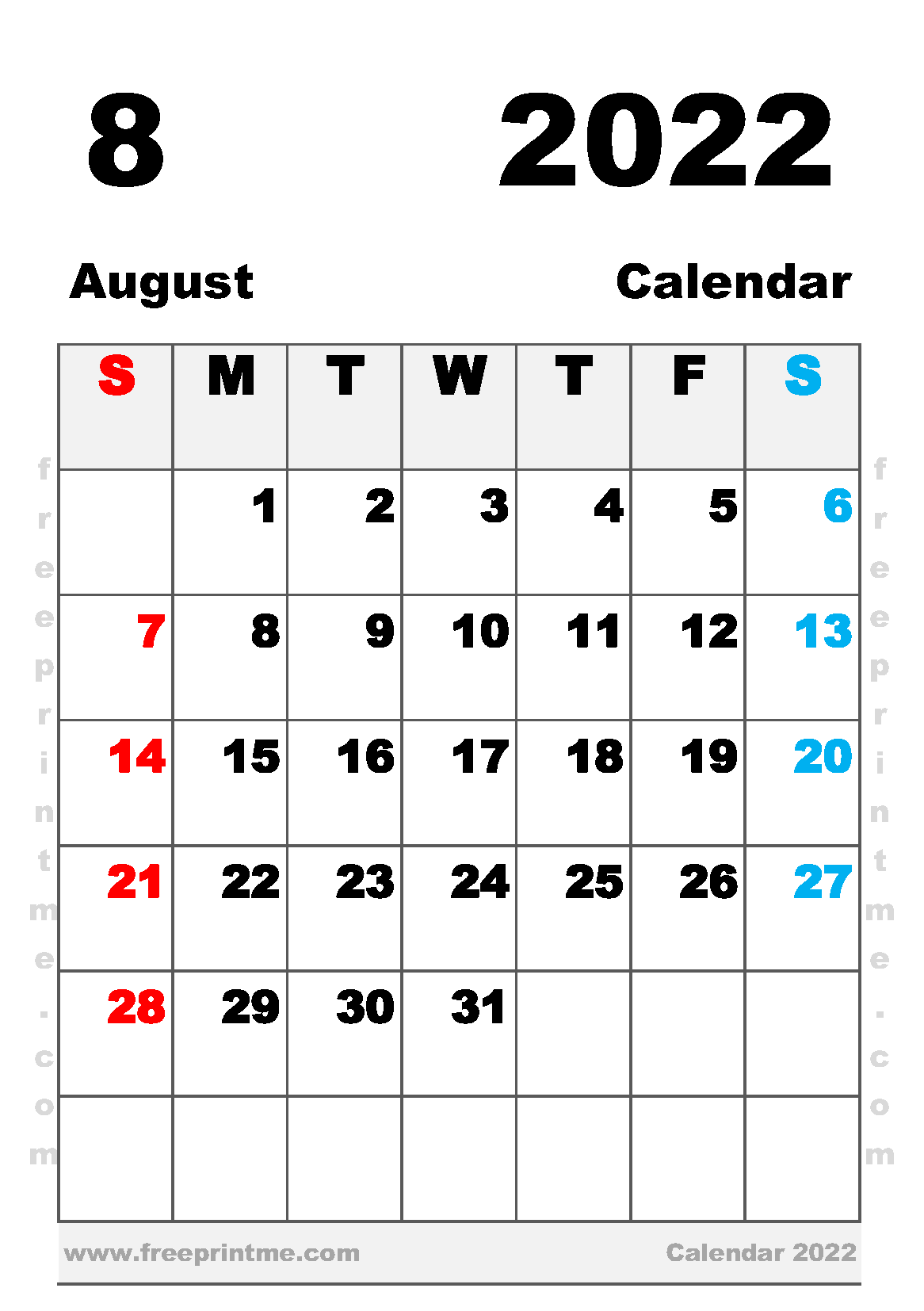 Free Printable August 2022 Calendar A5