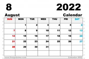 Free Printable August 2022 Calendar A5 Wide