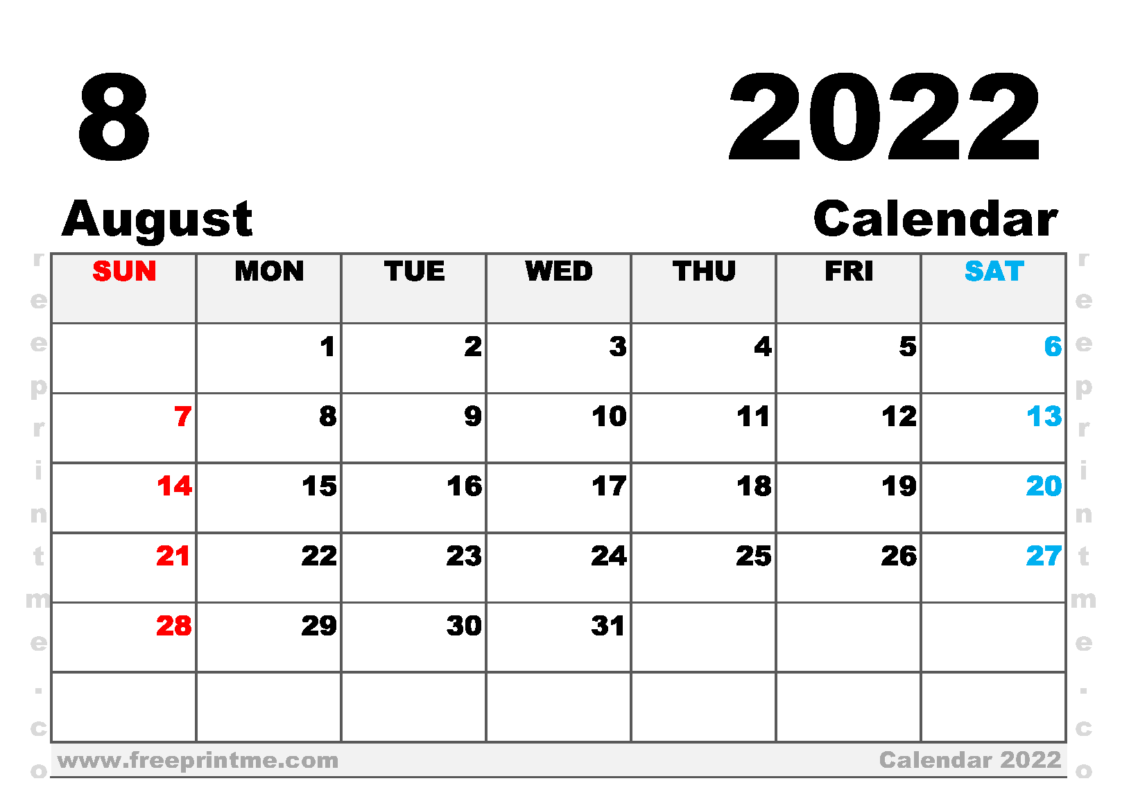 Free Printable August 2022 Calendar A5 Wide