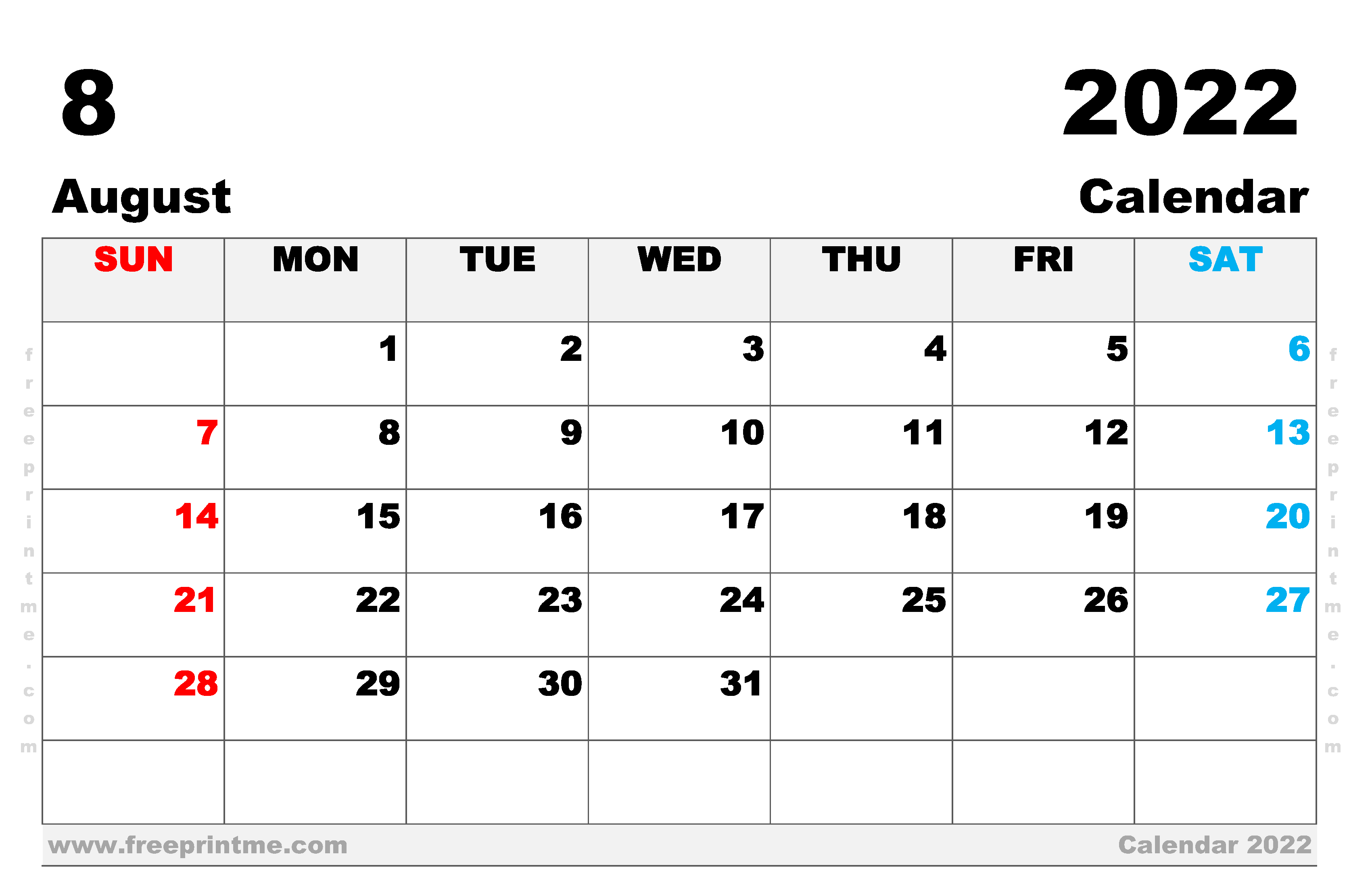Free Printable August 2022 Calendar Ledger