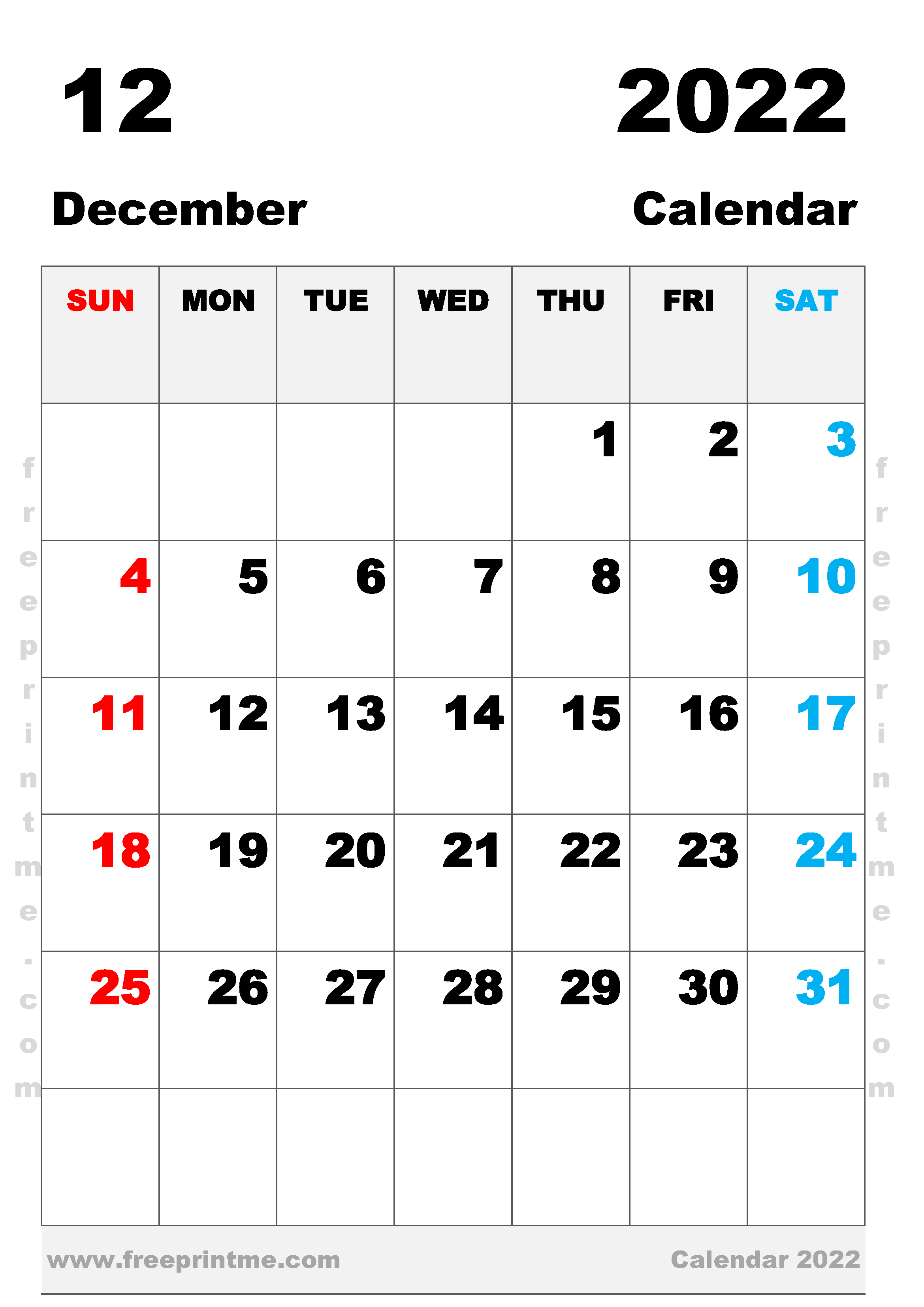 Free Printable December 2022 Calendar A3