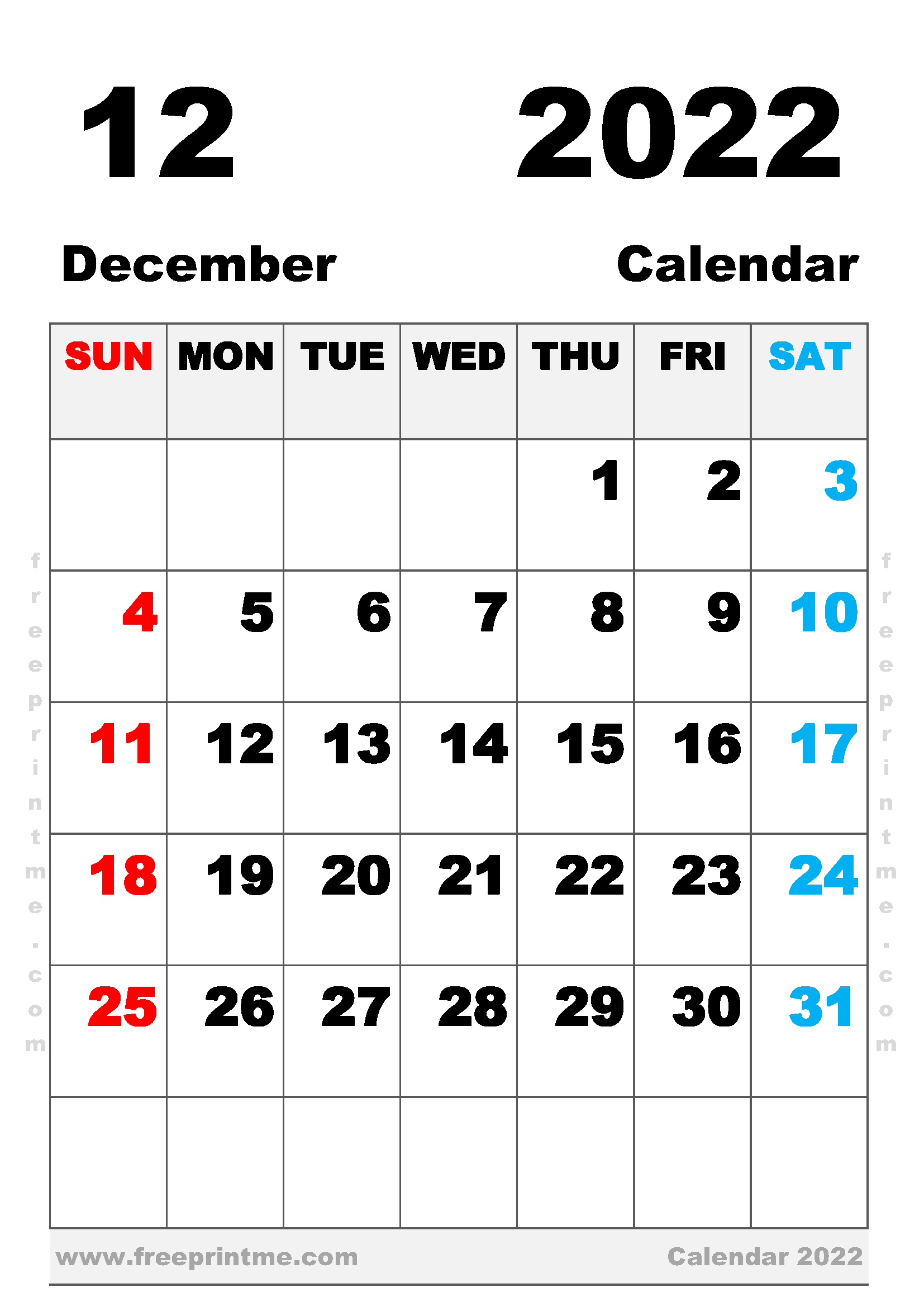 Free Printable December 2022 Calendar A4