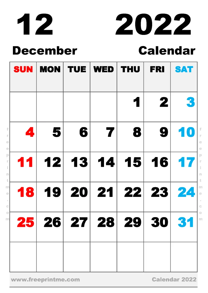 Free Printable December 2022 Calendar B5