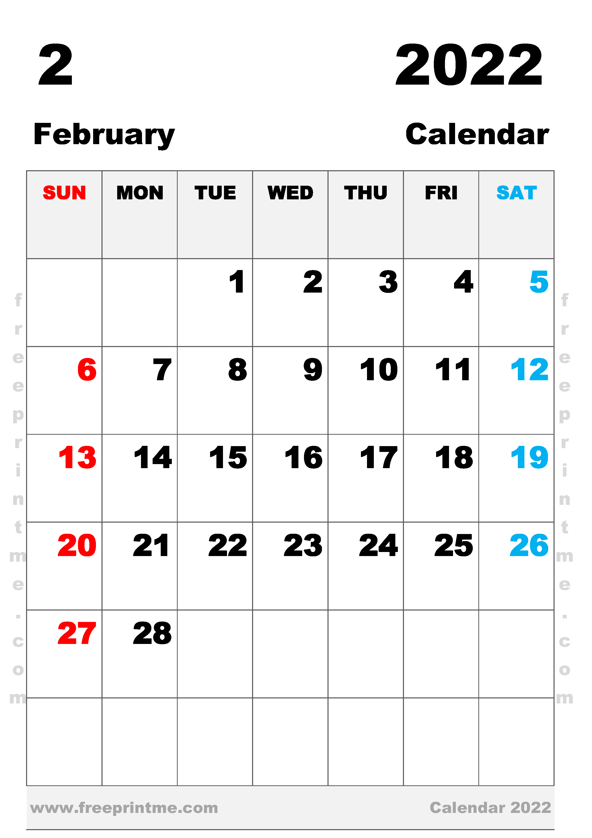 Free Printable February 2022 Calendar A3