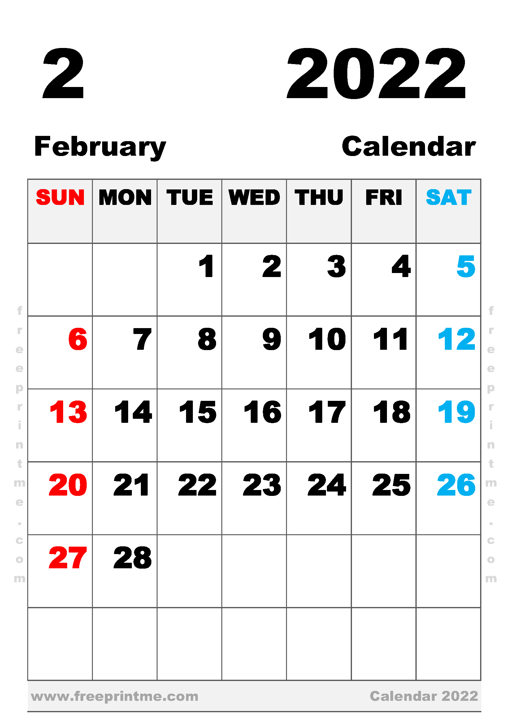 Free Printable February 2022 Calendar A4