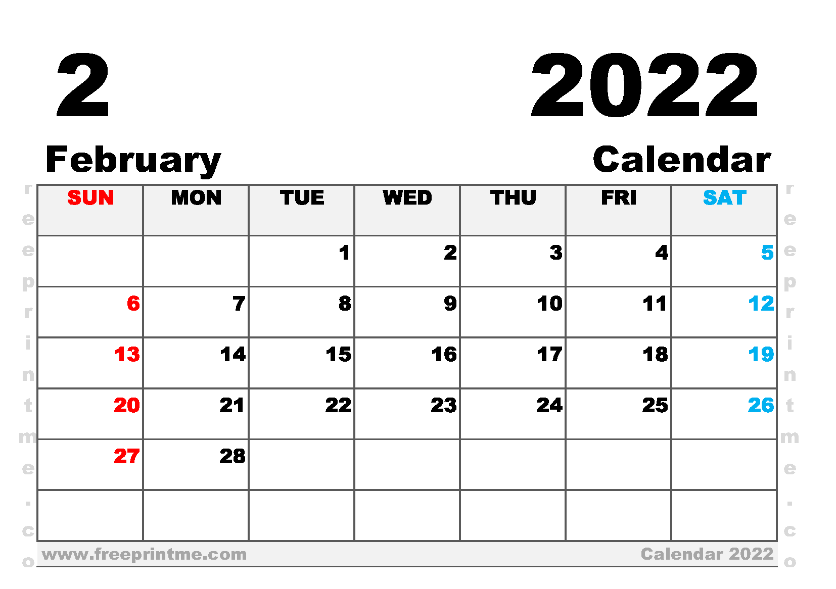 Free Printable February 2022 Calendar A5 Wide