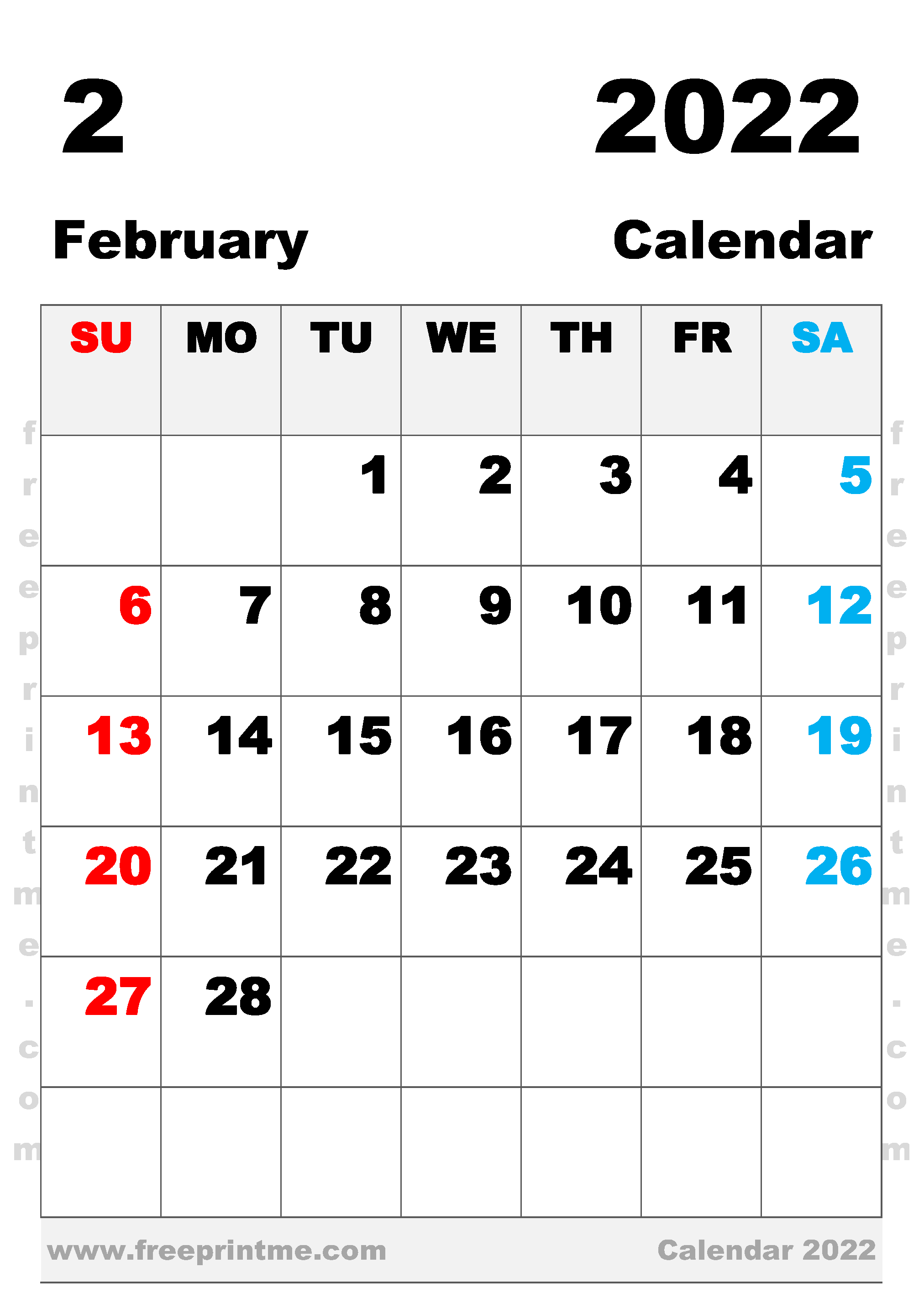 Free Printable February 2022 Calendar B4