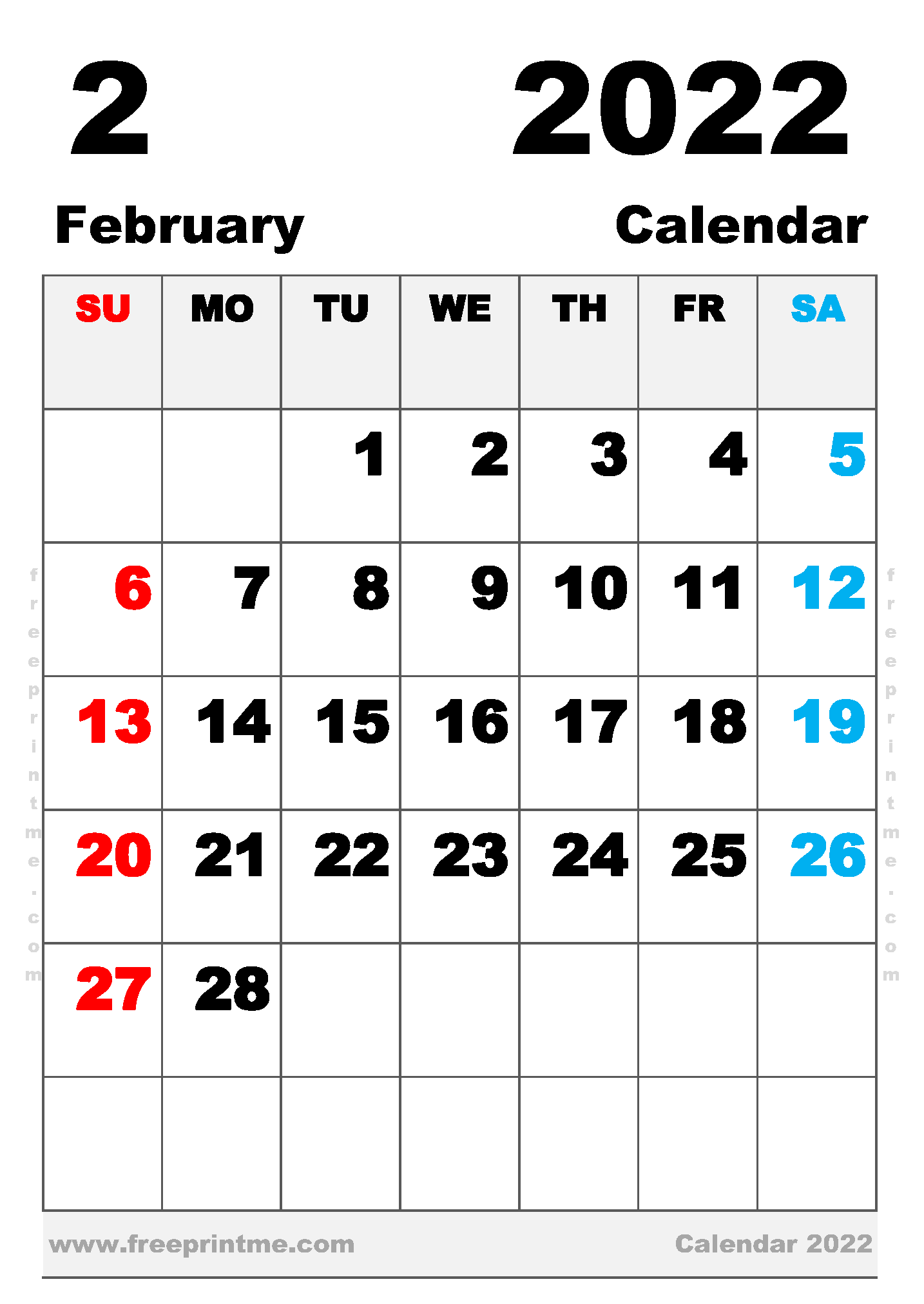 Free Printable February 2022 Calendar B5
