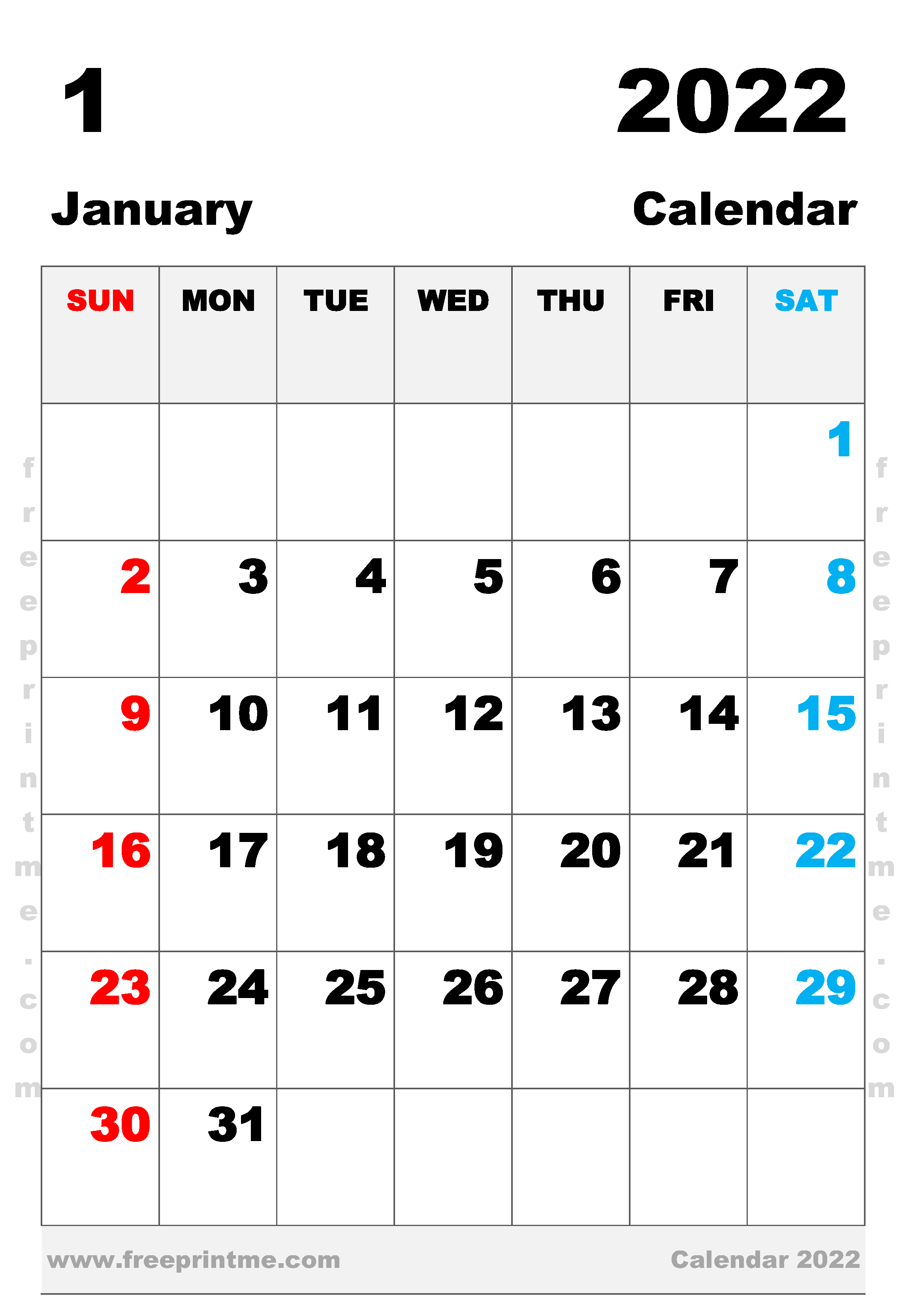 Free Printable January 2022 Calendar A3
