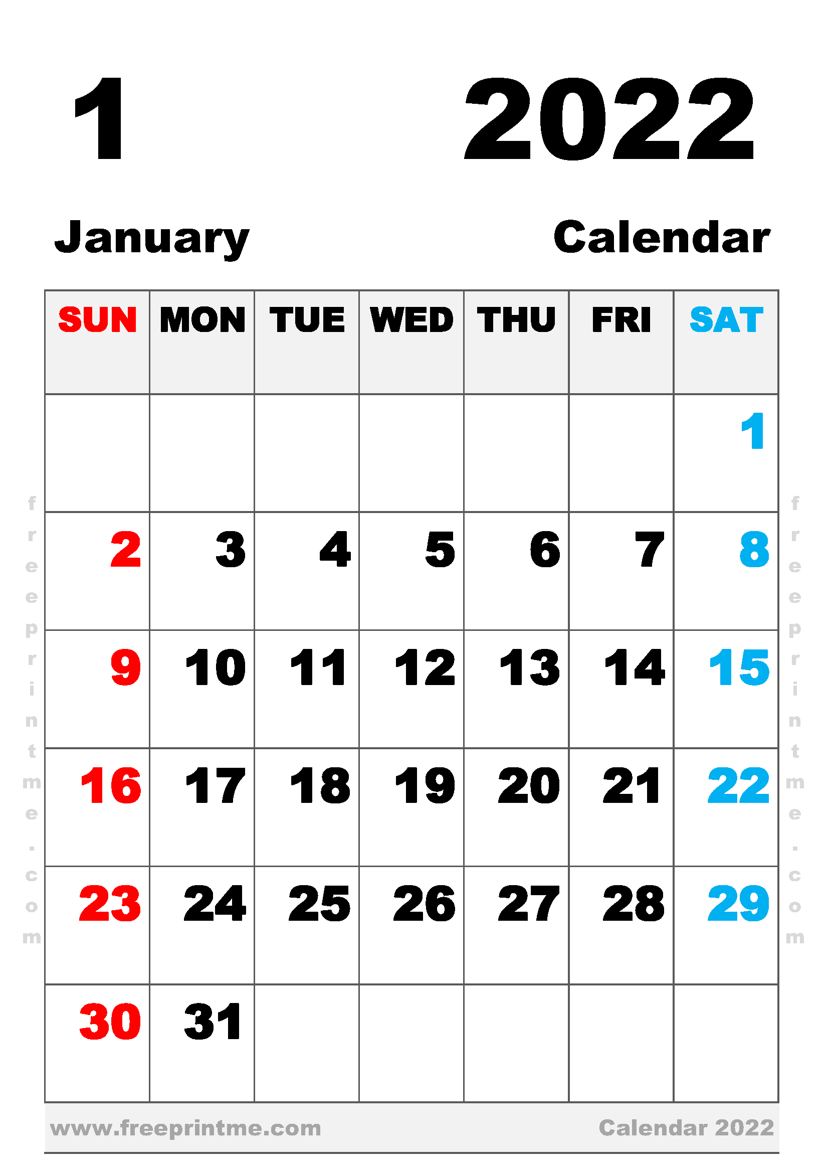 Free Printable January 2022 Calendar A4
