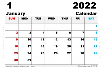 Free Printable January 2022 Calendar A4 Wide