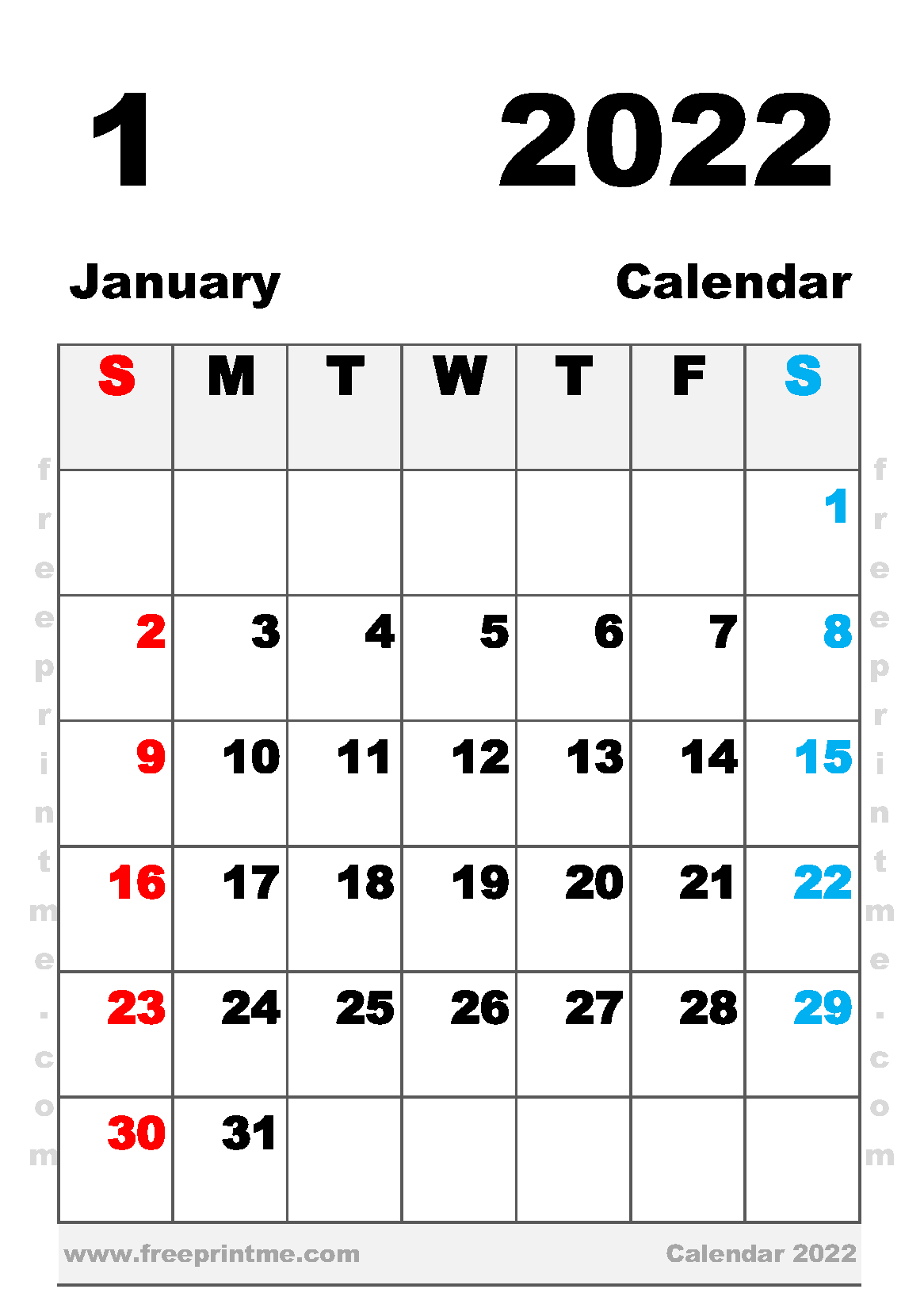 Free Printable January 2022 Calendar A5