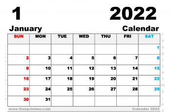 Free Printable January 2022 Calendar A5 Wide