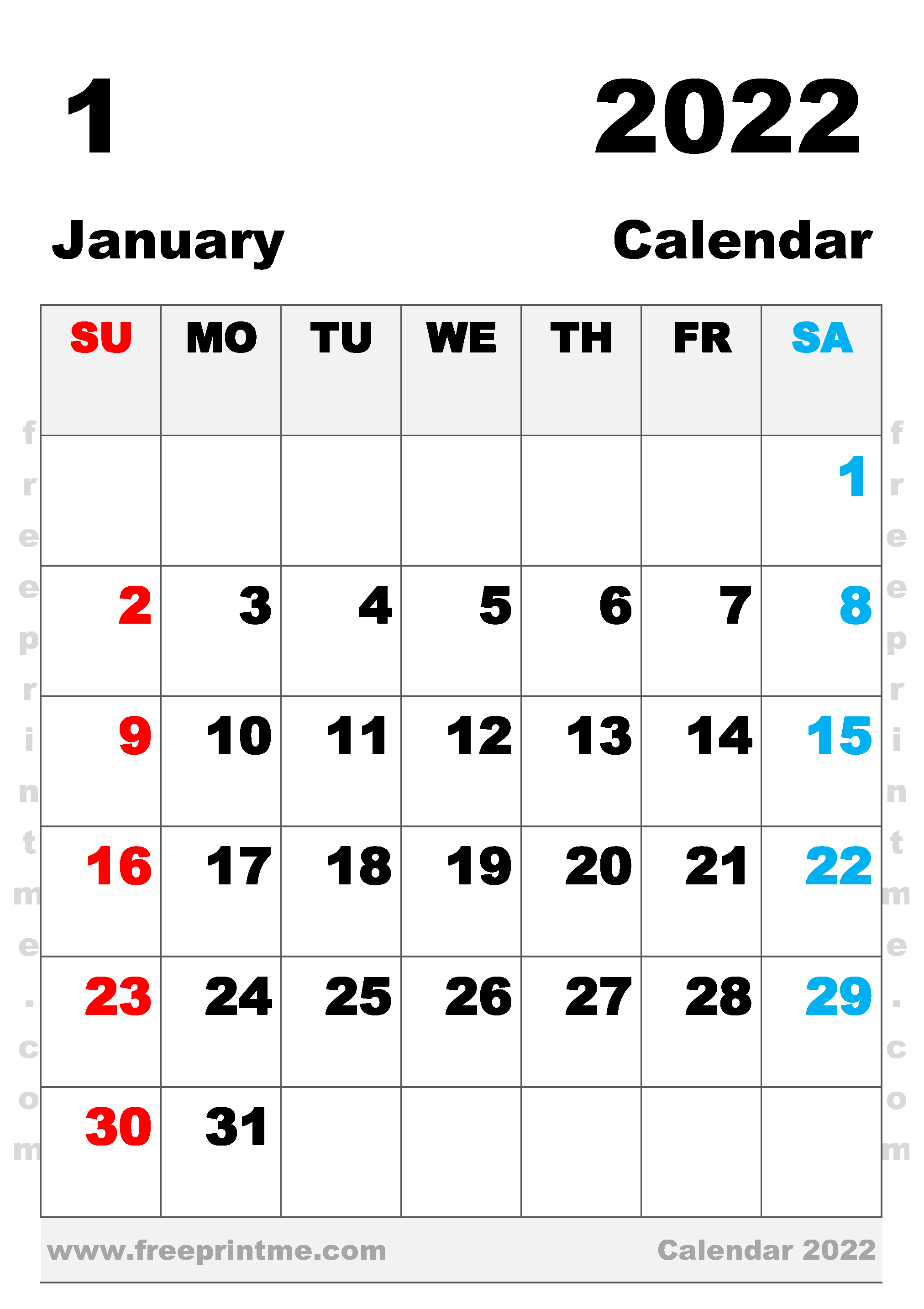 Free Printable January 2022 Calendar B4