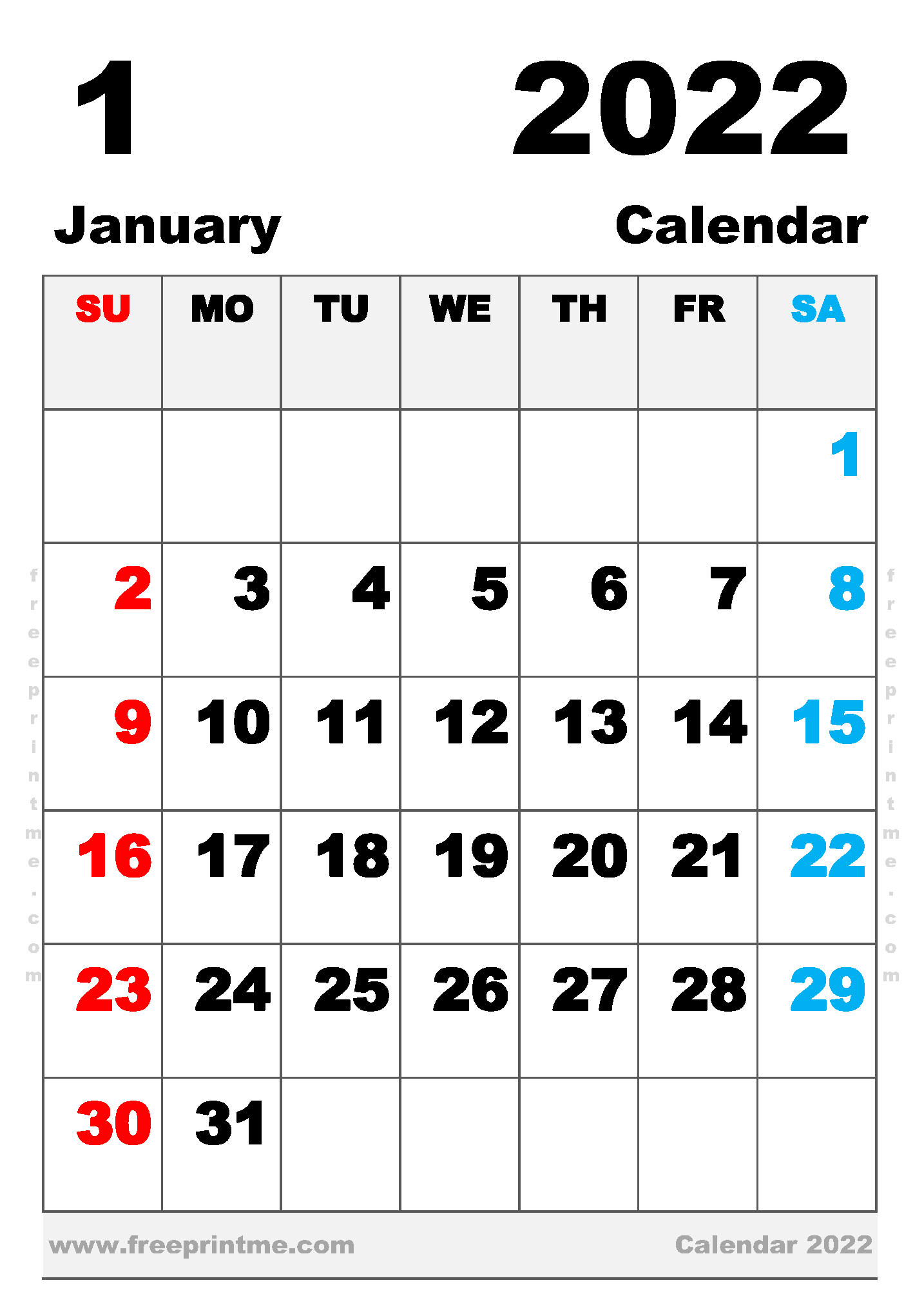 Free Printable January 2022 Calendar B5