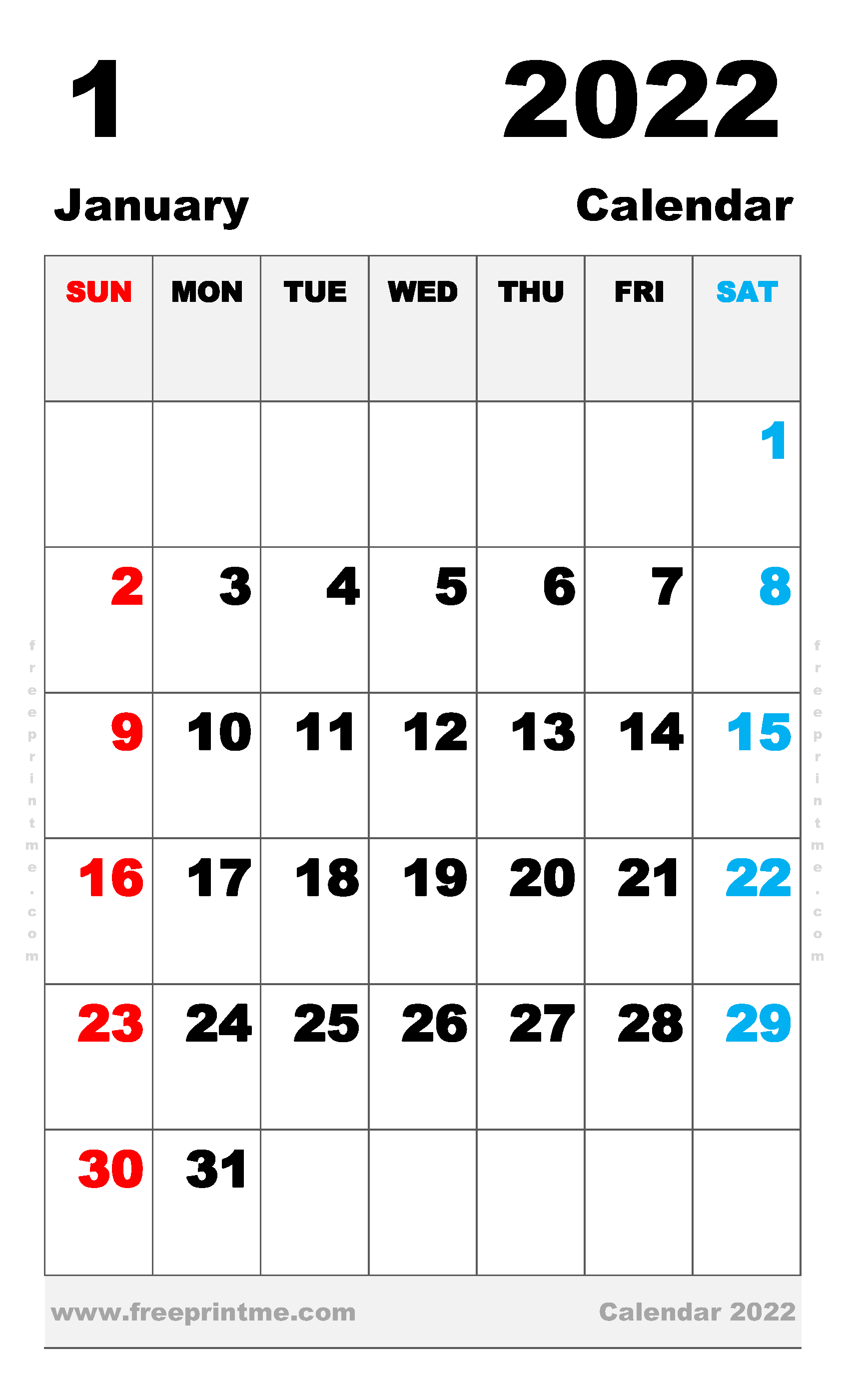 Free Printable January 2022 Calendar Legal