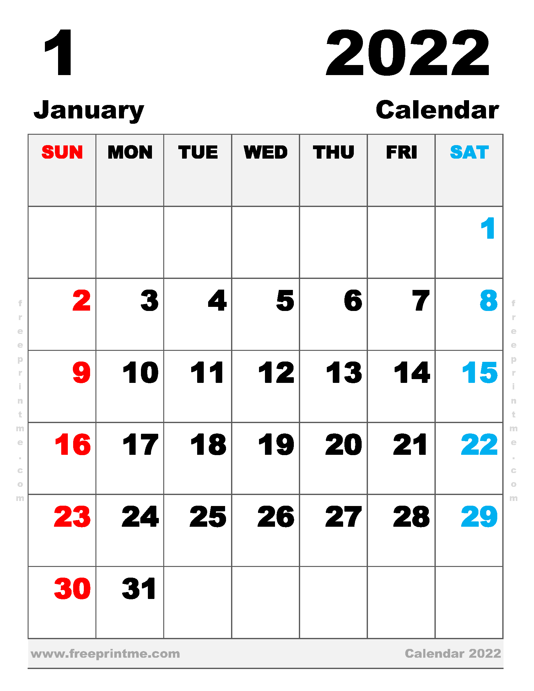 Free Printable January 2022 Calendar Letter
