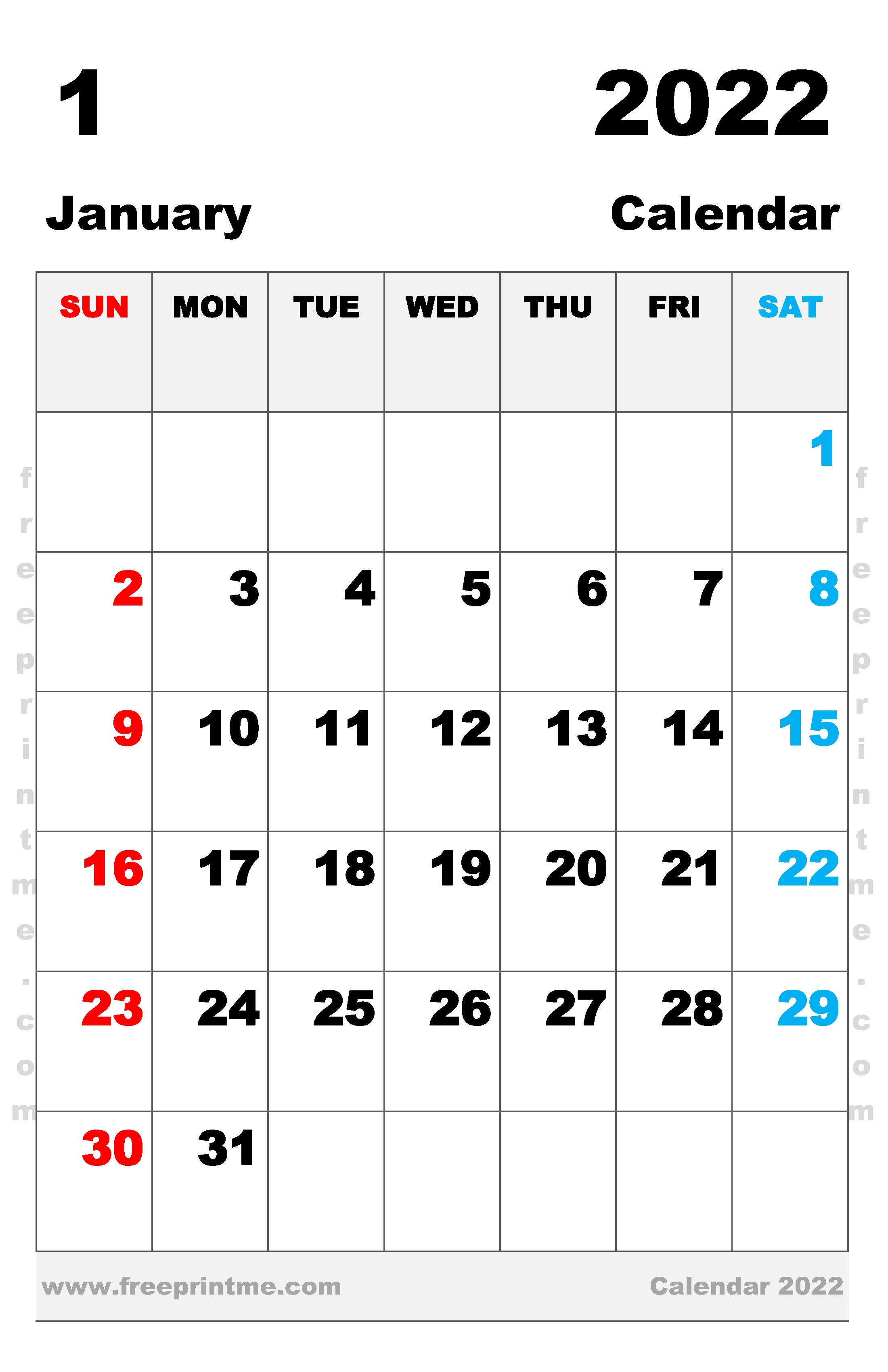 Free Printable January 2022 Calendar Tabloid