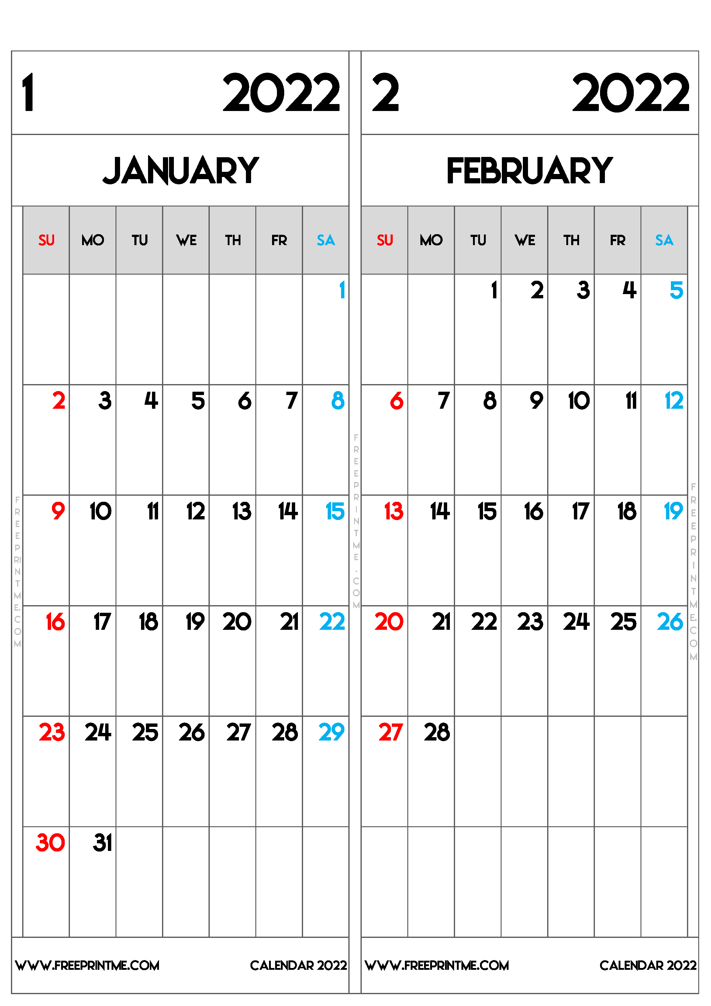 Free Printable January February 2022 Calendar A3