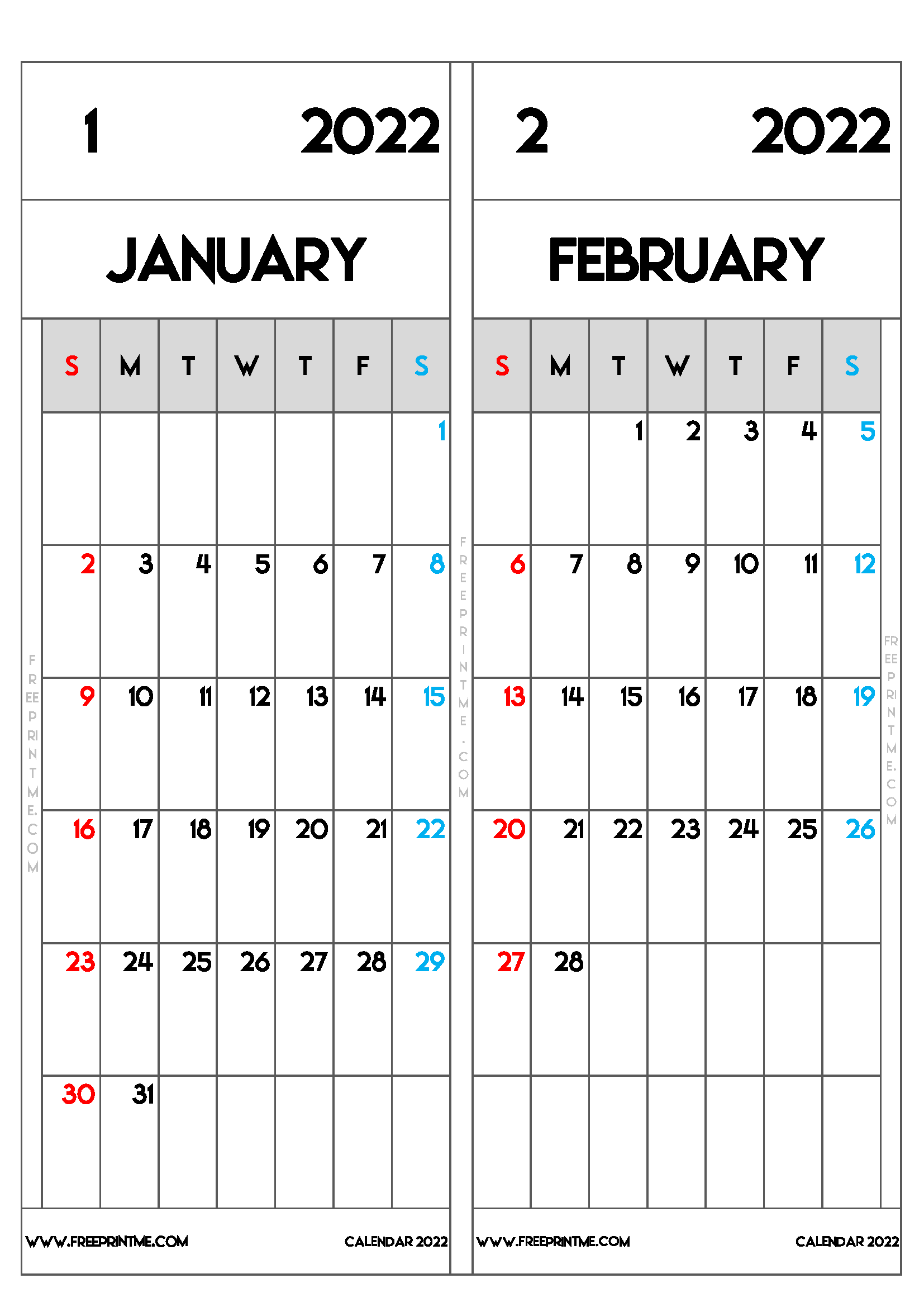 Free Printable January February 2022 Calendar A4
