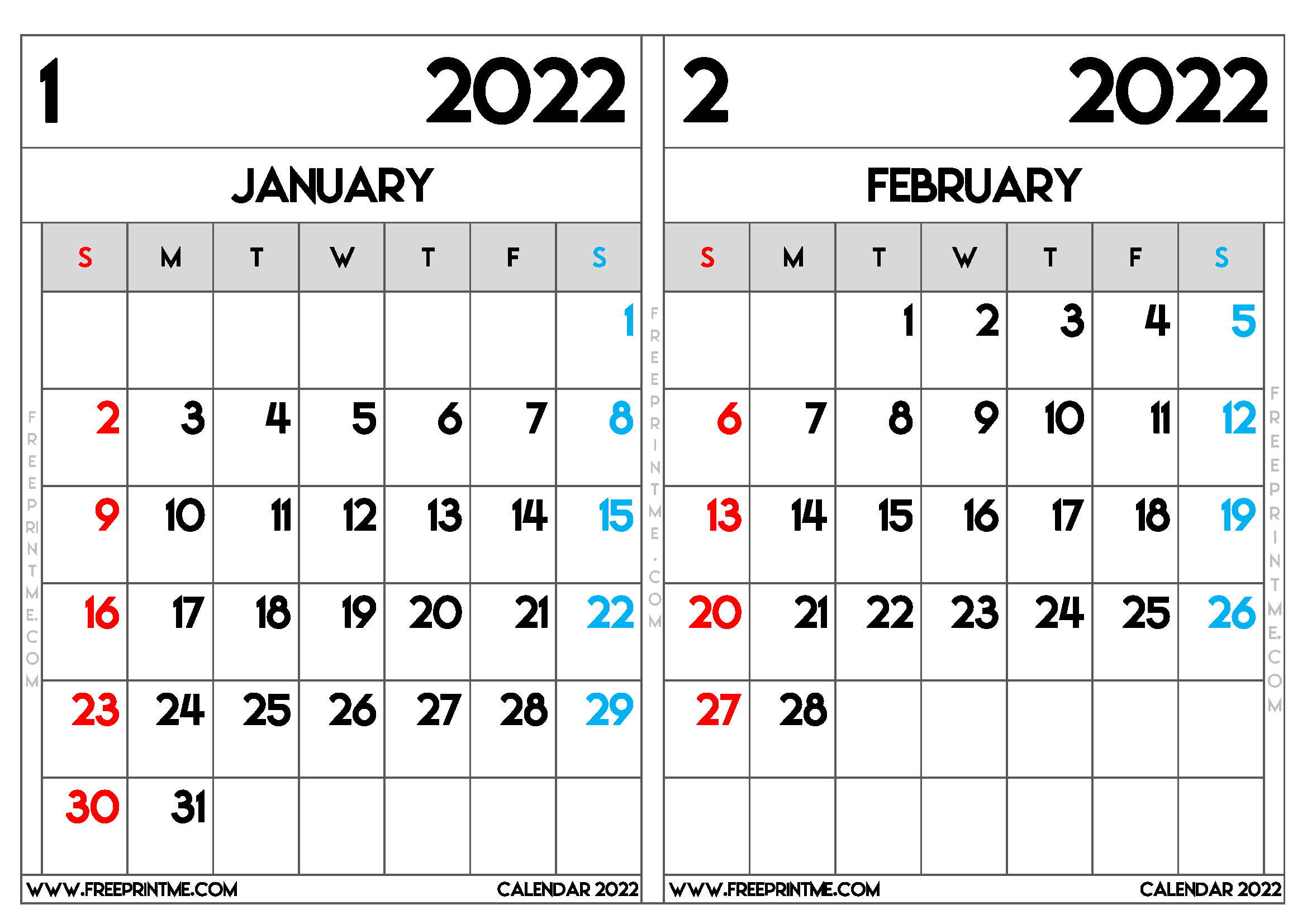 Febuary 2022 Calendar Free Printable January And February 2022 Calendar A4 Wide