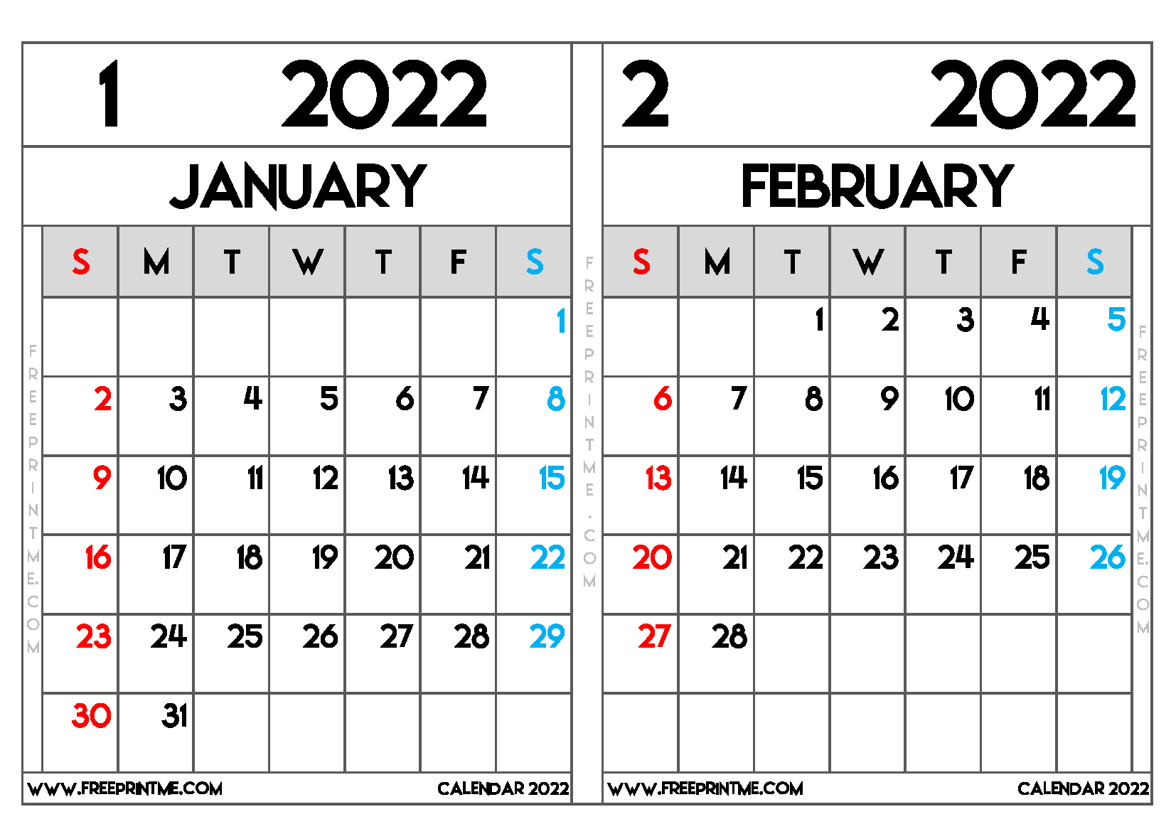Free Printable January and February 2022 Calendar A5 Wide