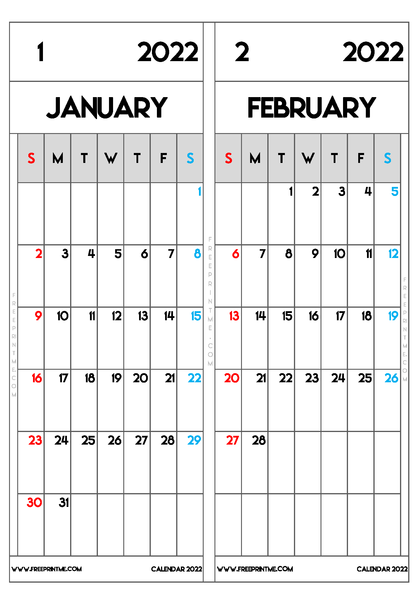 Free Printable January and February 2022 Calendar B5