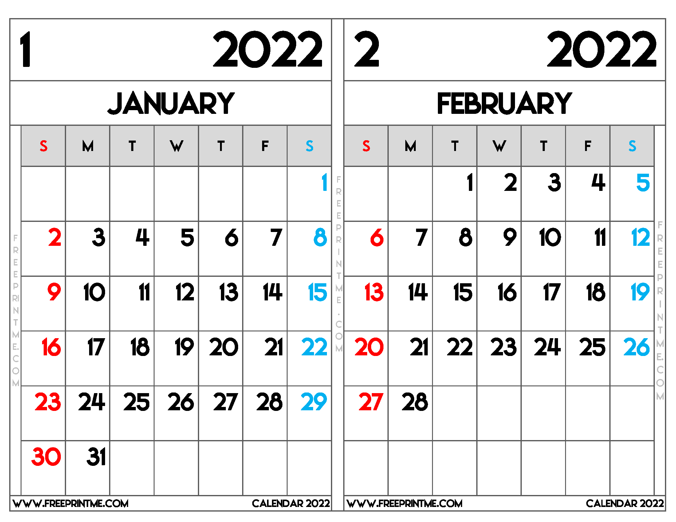Free Printable January and February 2022 Calendar Letter Wide