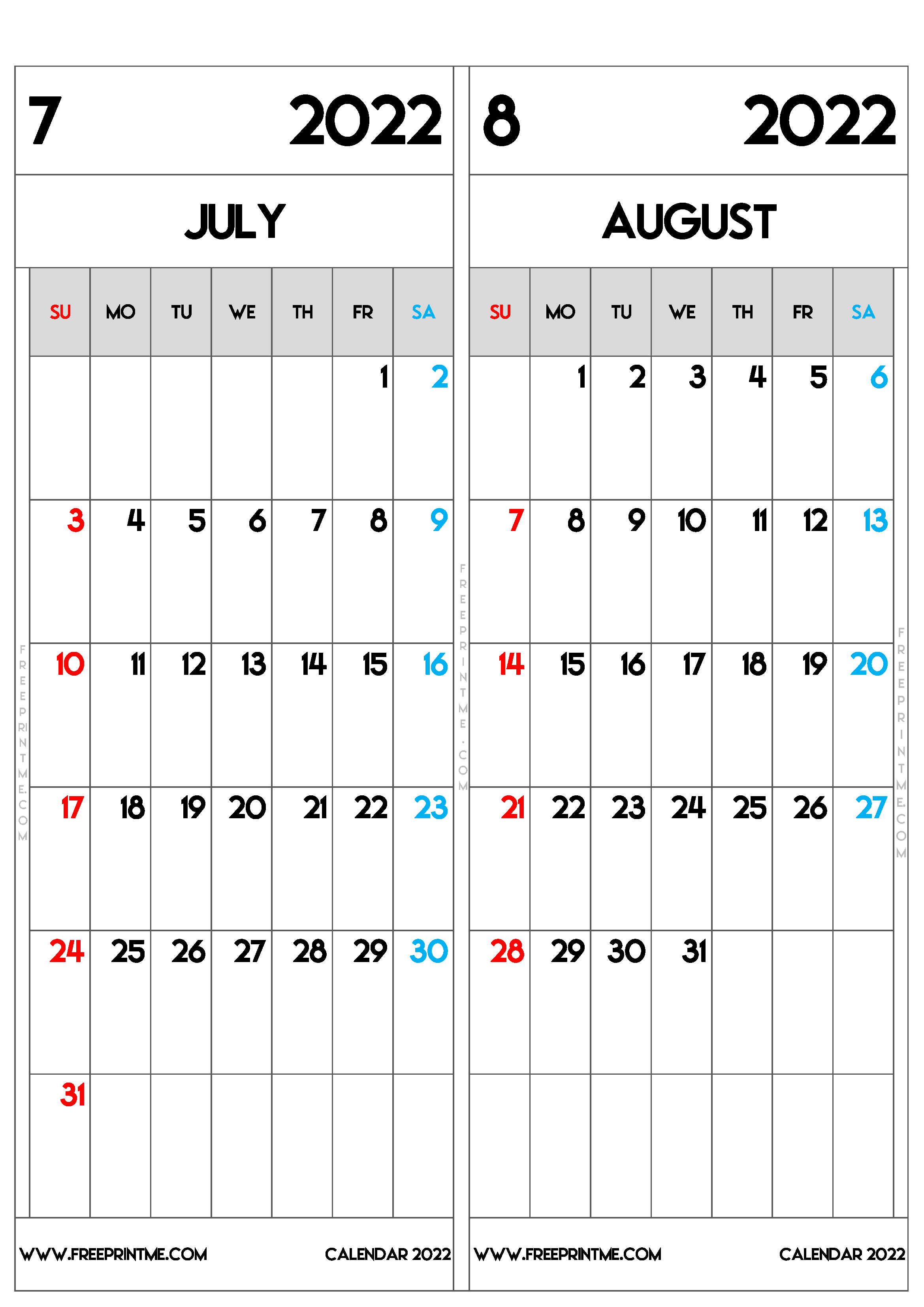 Free Printable July August 2022 Calendar A3