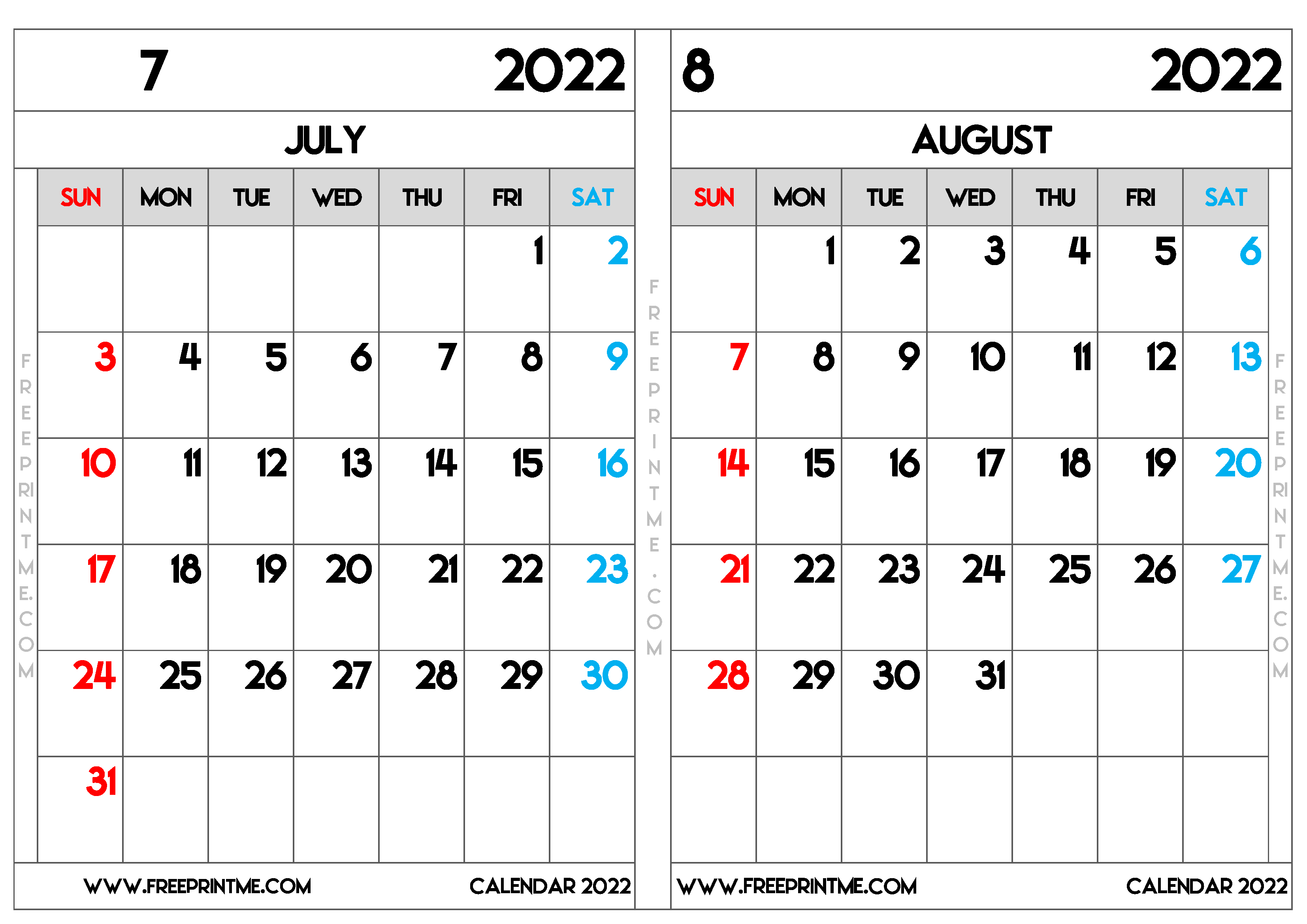 Free Printable July and August 2022 Calendar A3 Wide