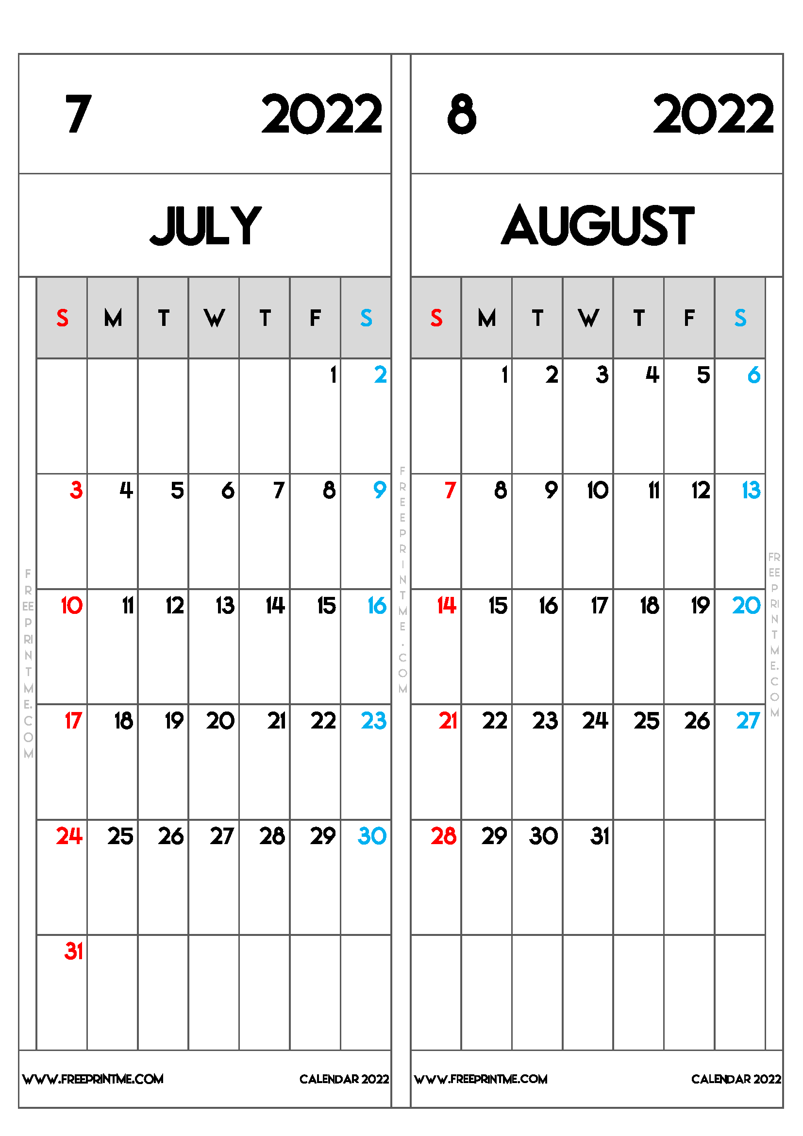 Free Printable July August 2022 Calendar A4