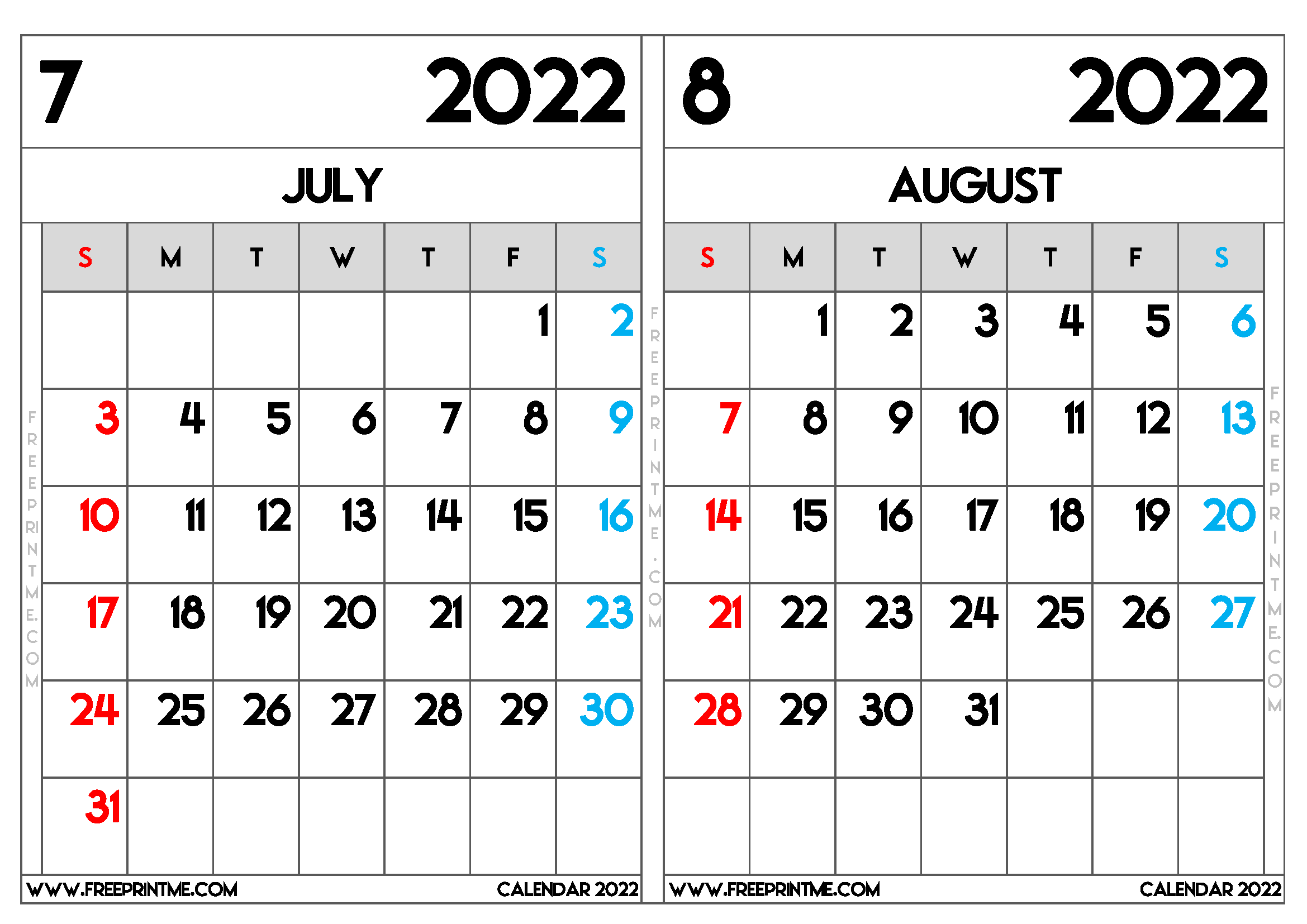 Free Printable July and August 2022 Calendar A4 Wide