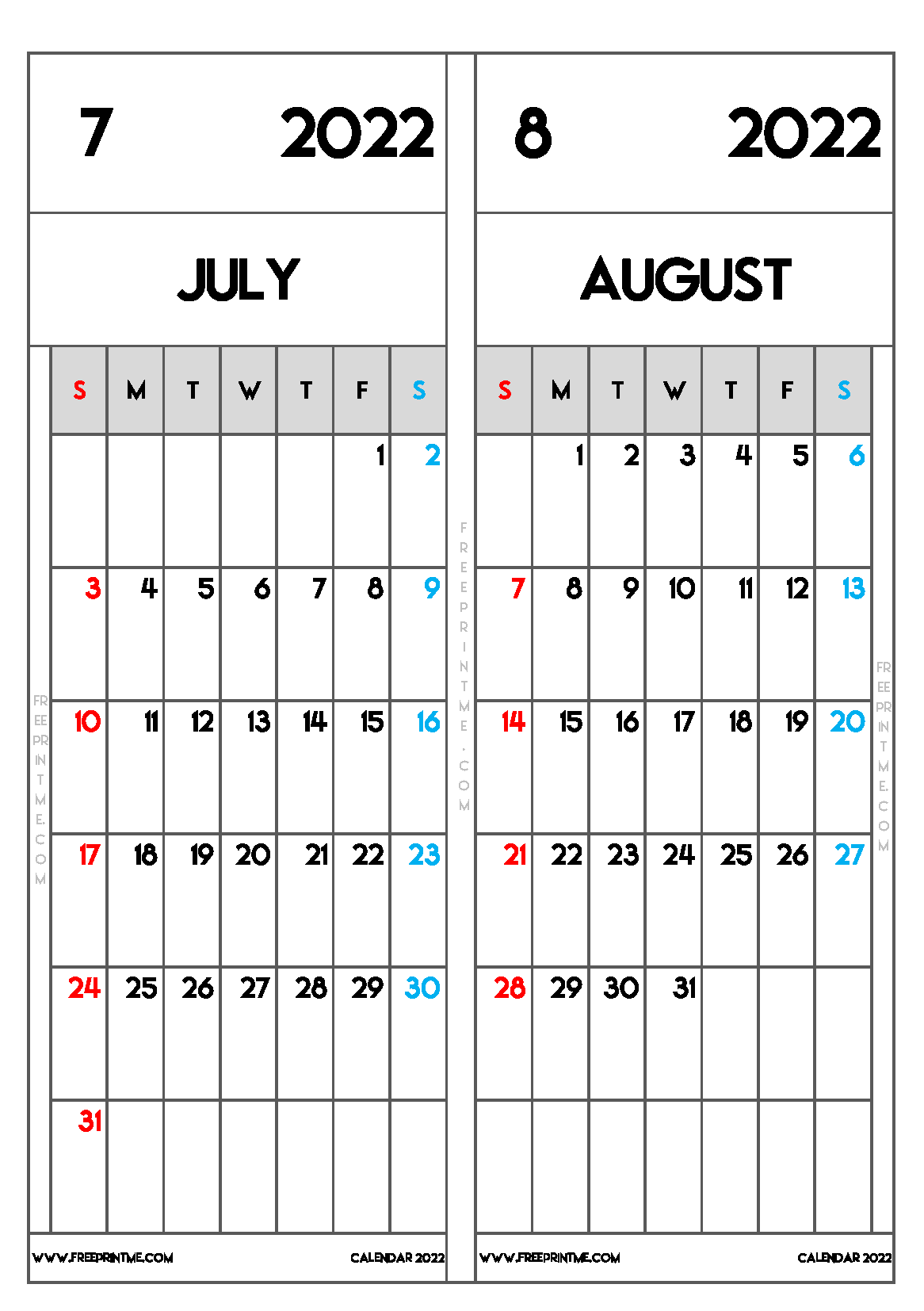 Free Printable July August 2022 Calendar A5