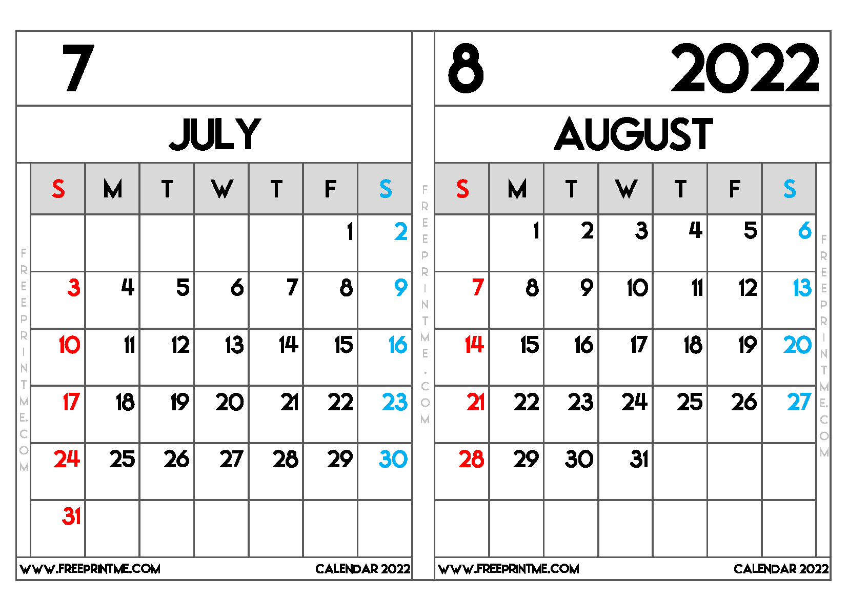Free Printable July and August 2022 Calendar A5 Wide