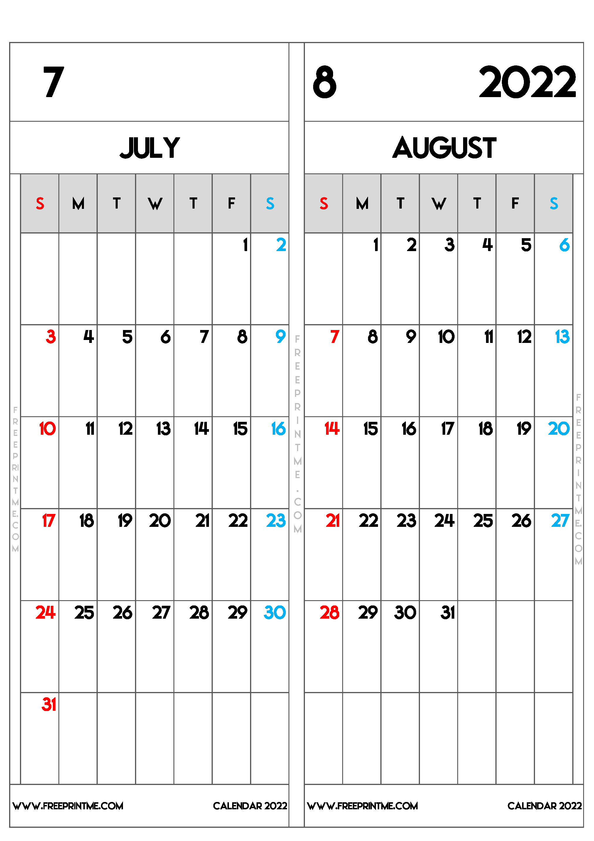 Free Printable July August 2022 Calendar B4