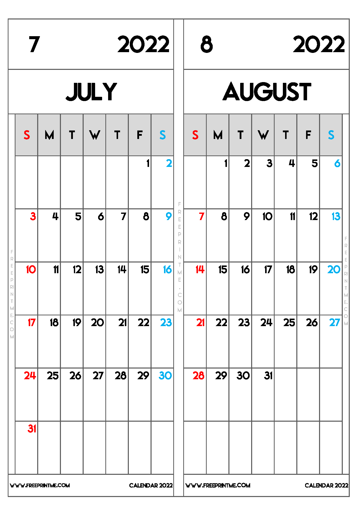 Free Printable July and August 2022 Calendar B5