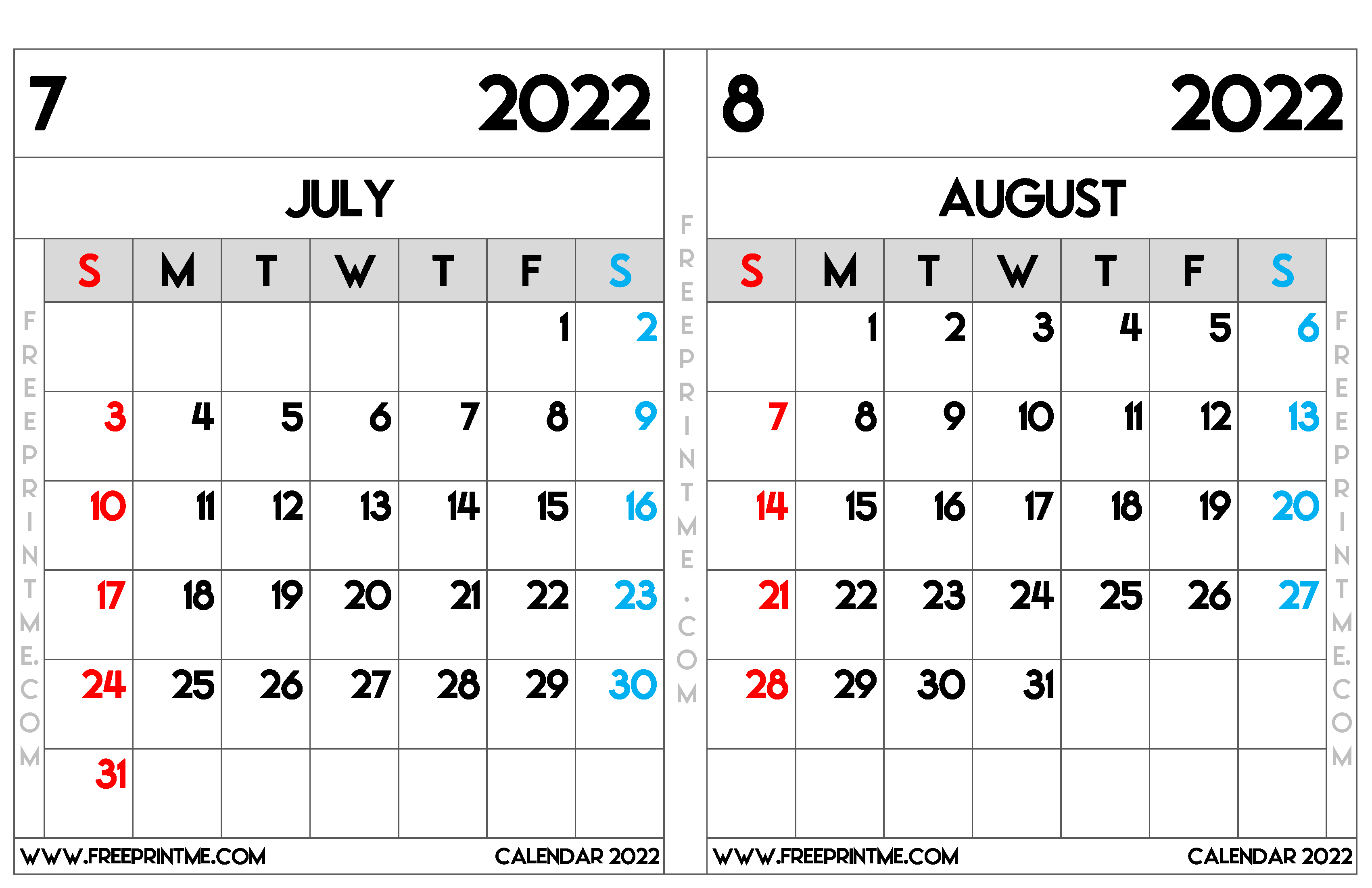 Free Printable July August 2022 Calendar Ledger