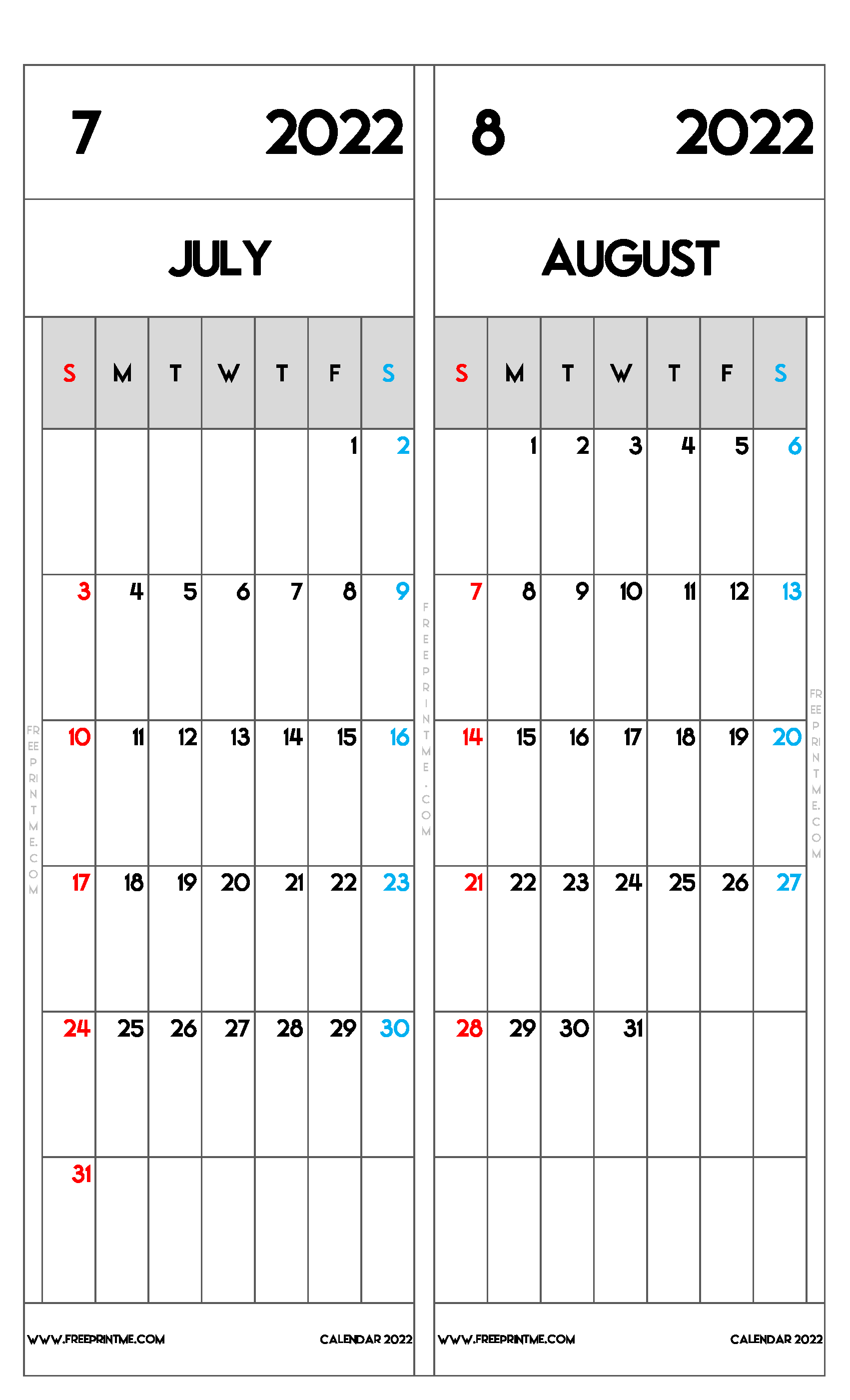 Free Printable July and August 2022 Calendar Legal