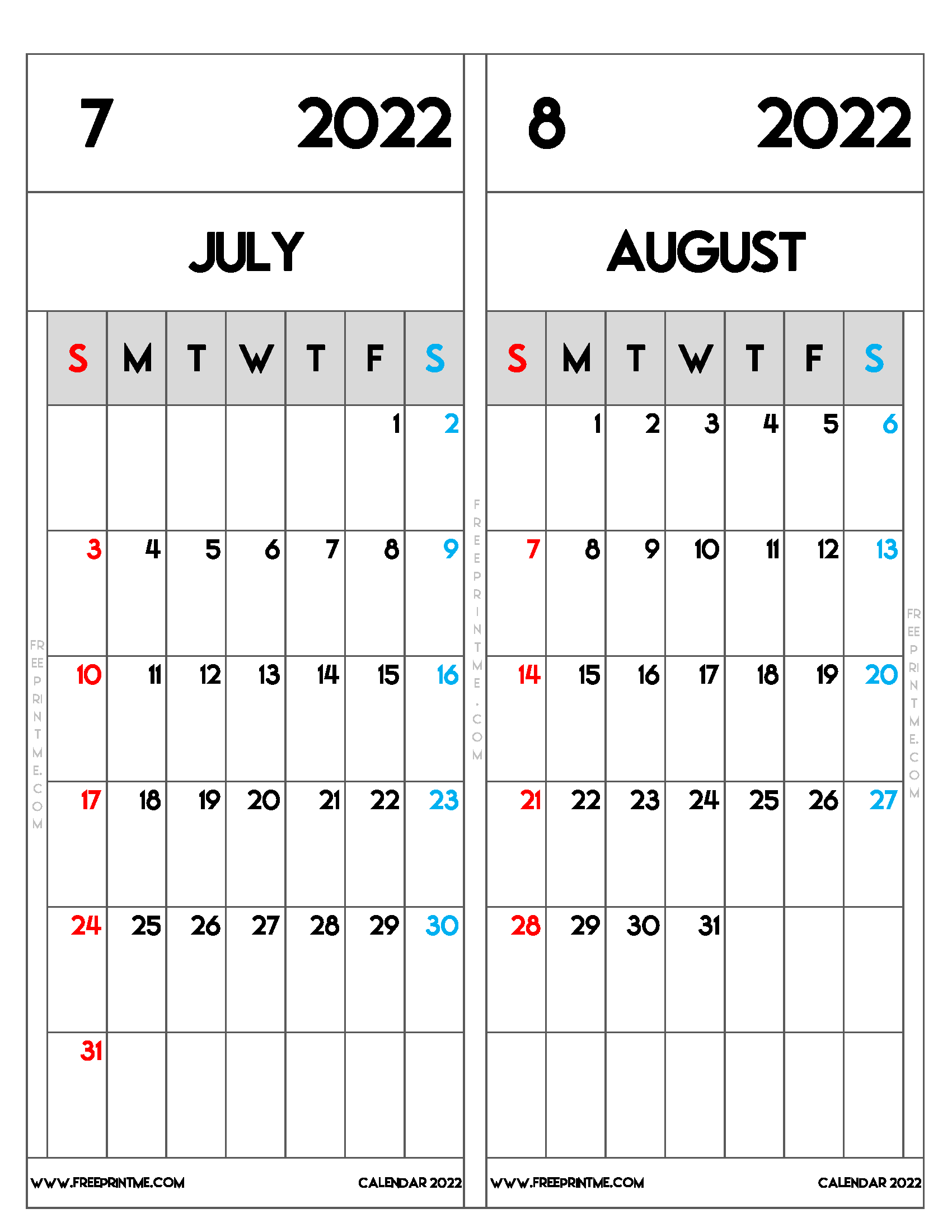 Free Printable July August 2022 Calendar Letter